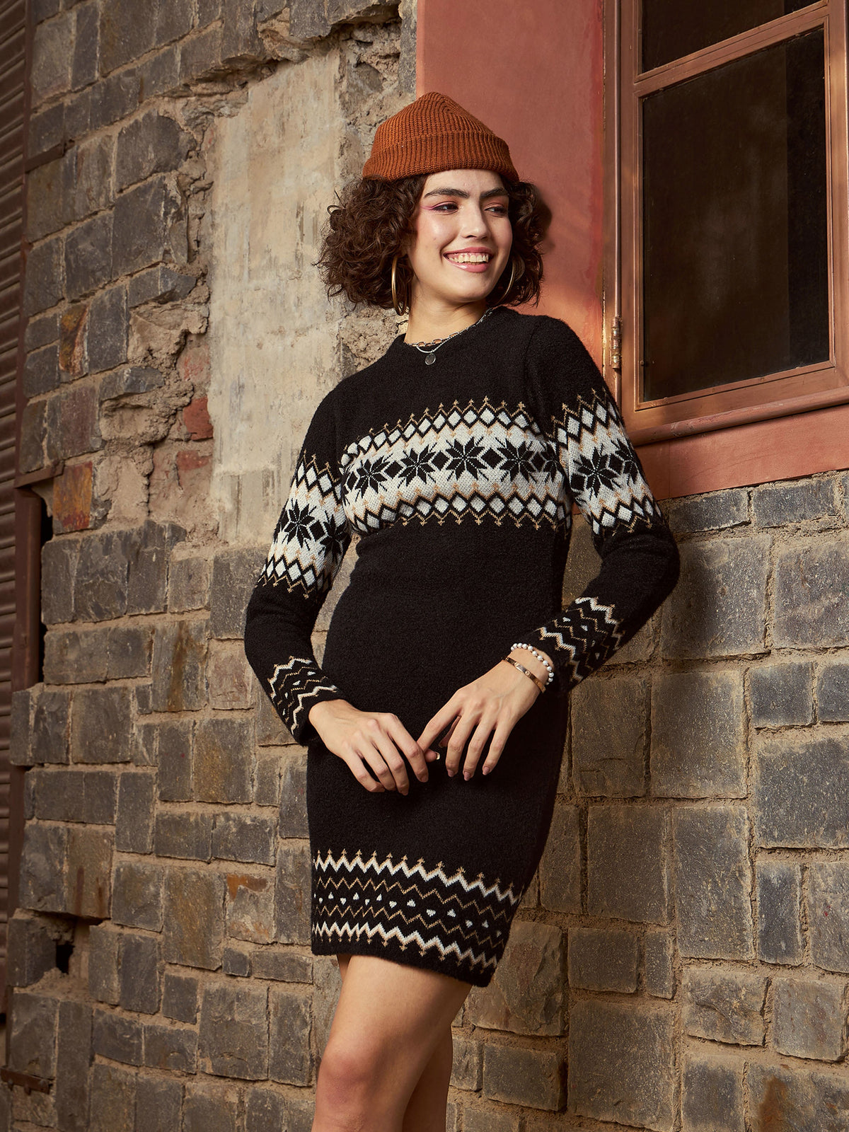 Black Geo Border Woolen Sweater Dress-SASSAFRAS
