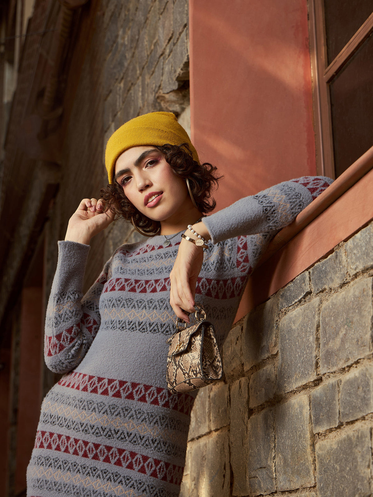 Grey Geo Woolen Sweater Dress-SASSAFRAS