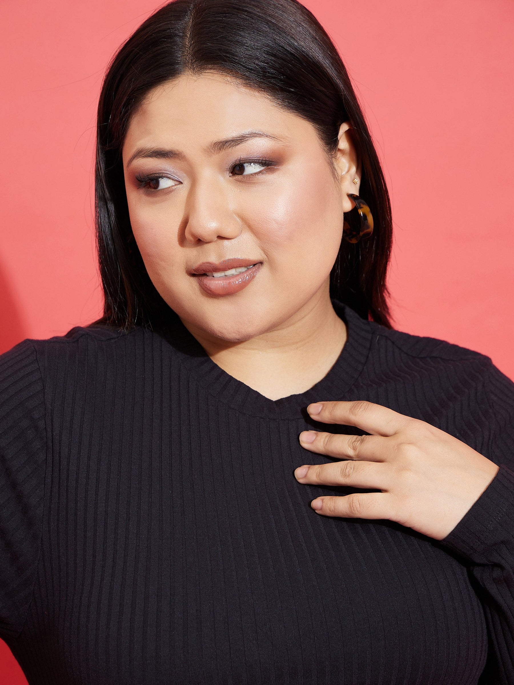 Black Rib Side Ruching Bodycon Dress-SASSAFRAS Curve