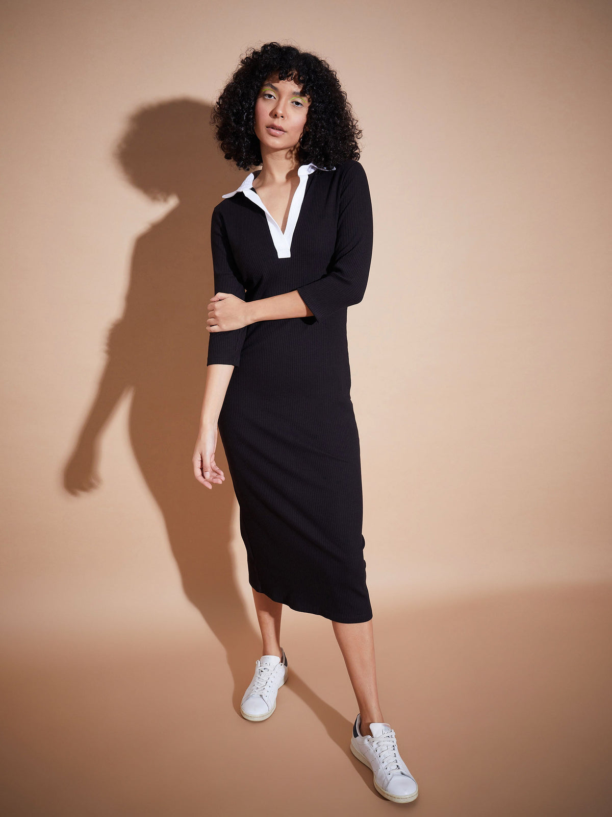 Black Rib Contrast Collar Midi Dress-SASSAFRAS BASICS