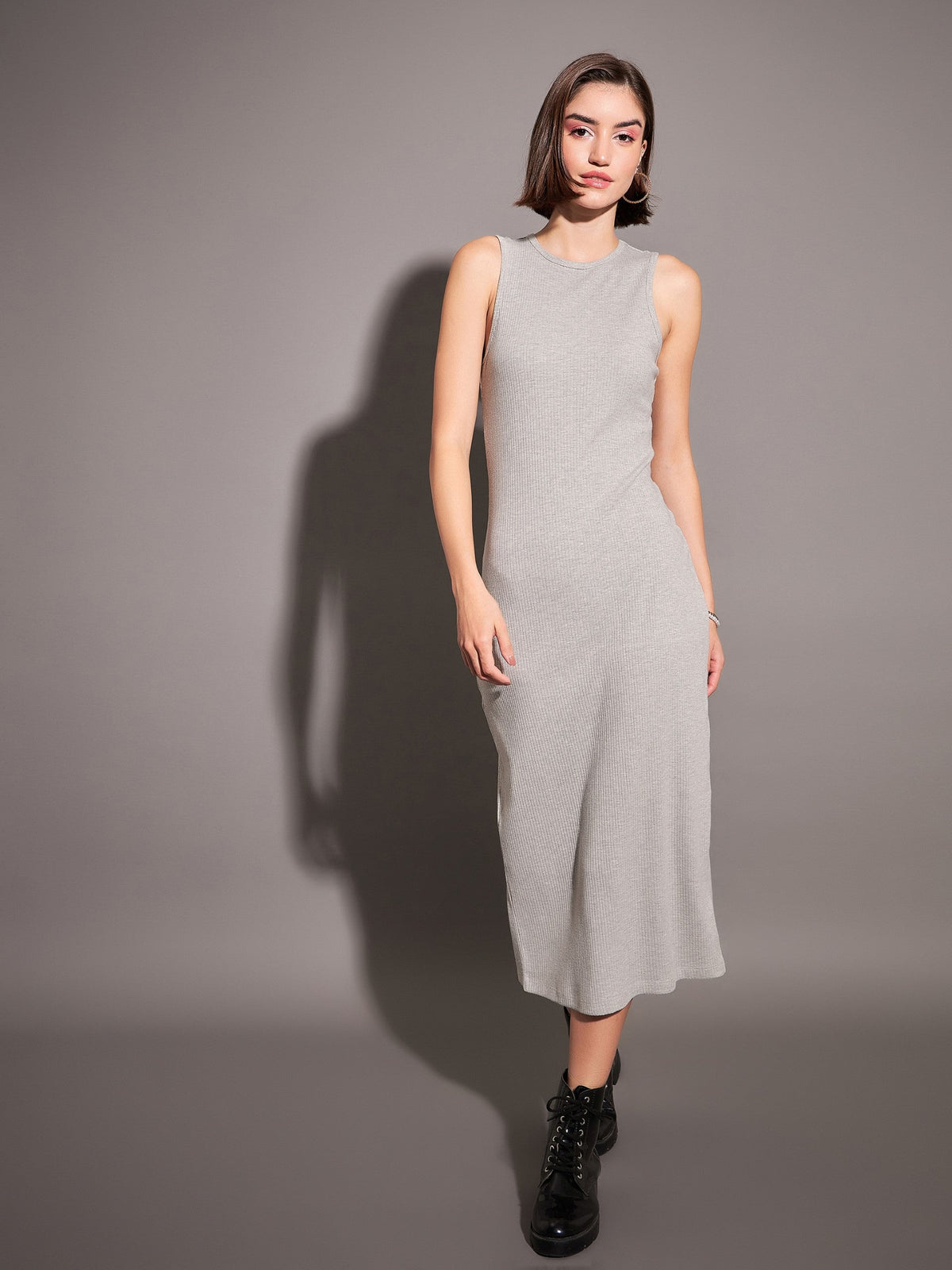 Grey Rib Sleeveless Bodycon Dress-SASSAFRAS
