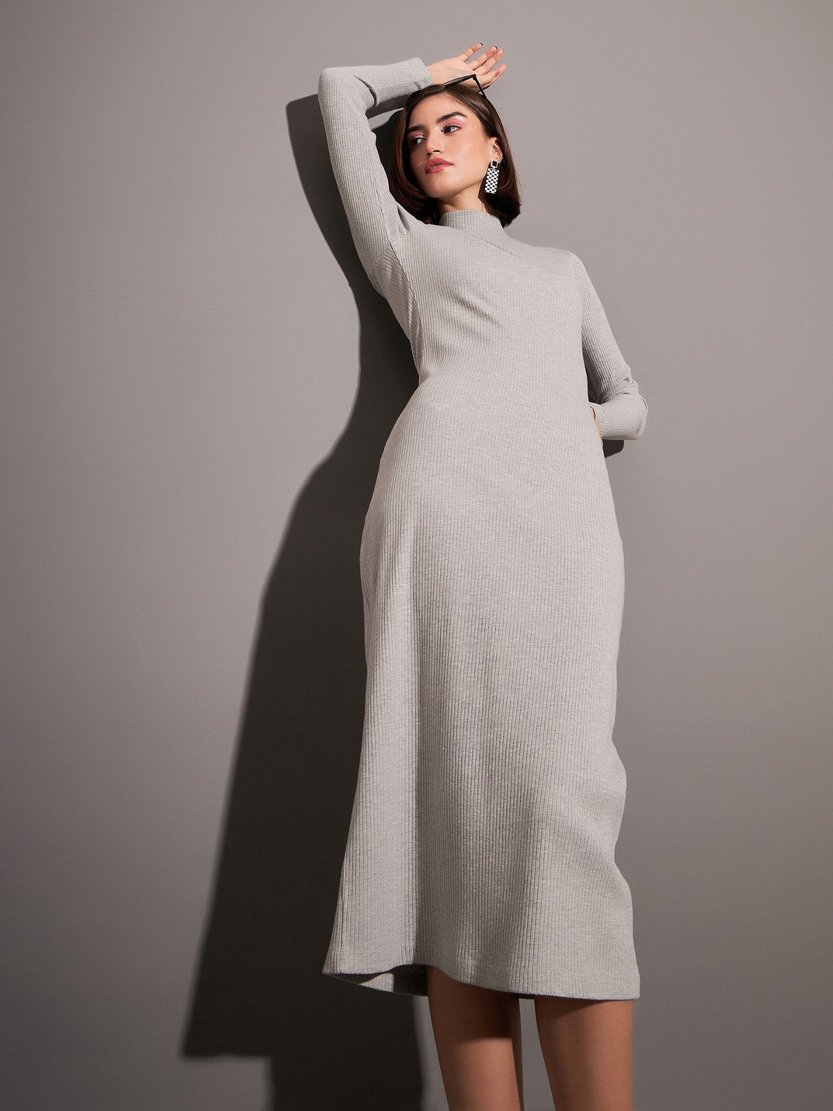 Grey Rib High Neck Maxi Dress-SASSAFRAS