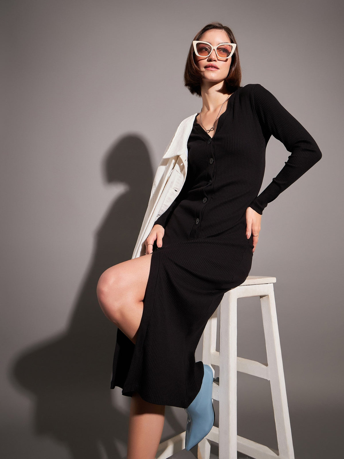 Black Rib Front Button Midi Dress-SASSAFRAS