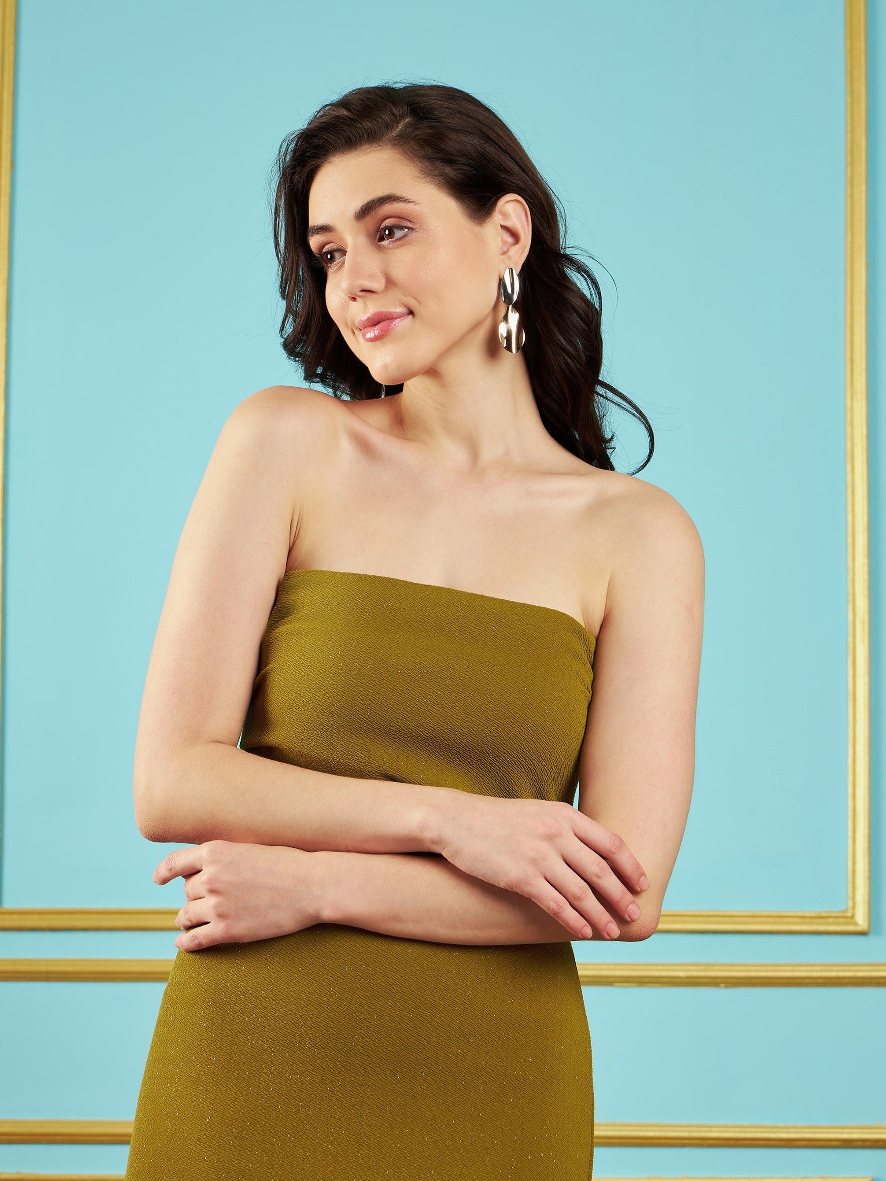 Olive Glitter Corset Maxi Dress-SASSAFRAS