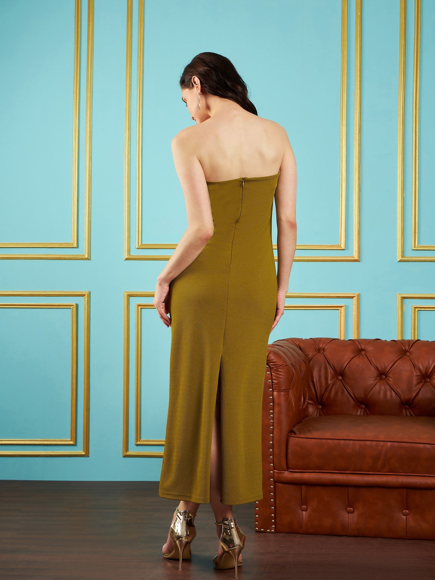 Olive Glitter Corset Maxi Dress-SASSAFRAS