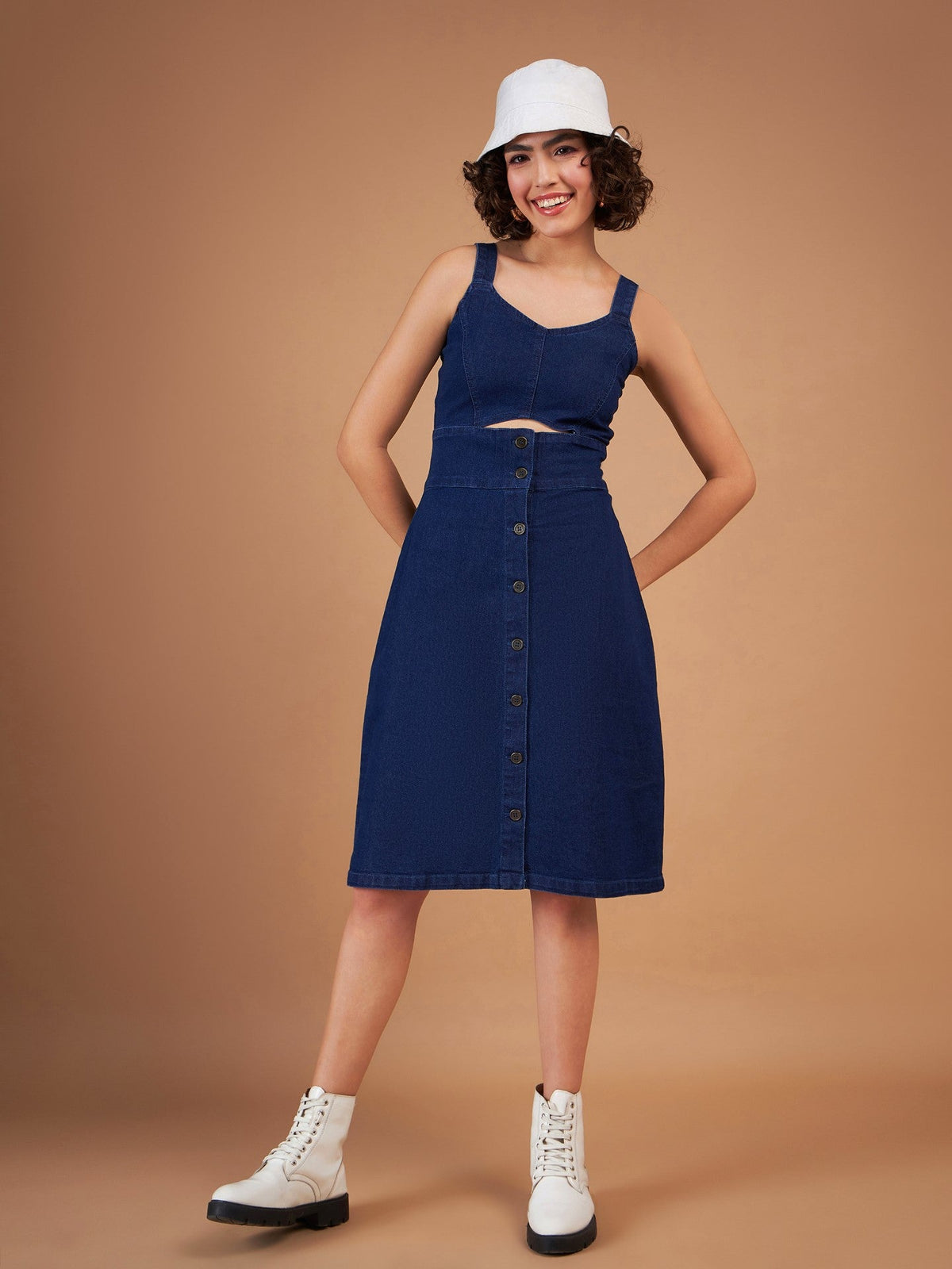 Navy Denim Wash Strappy Dress-SASSAFRAS