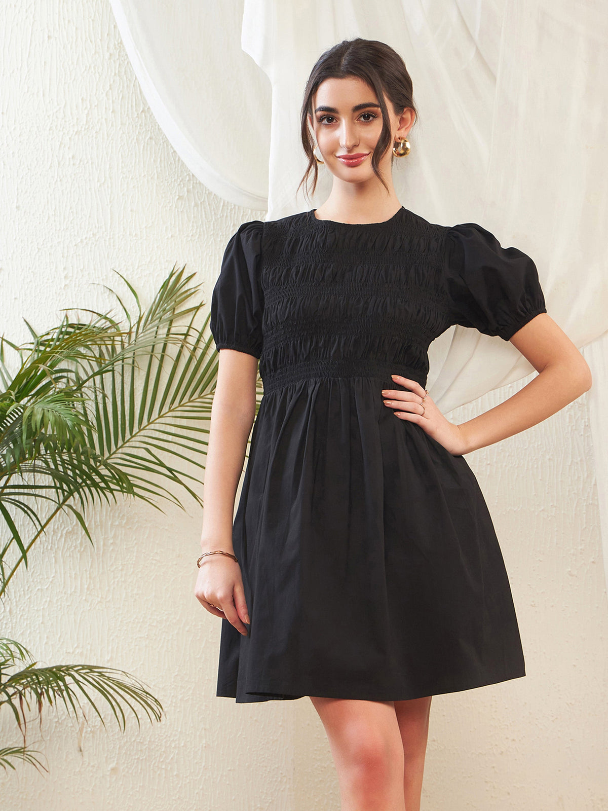 Black Poplin Smocked Gathered Dress-SASSAFRAS