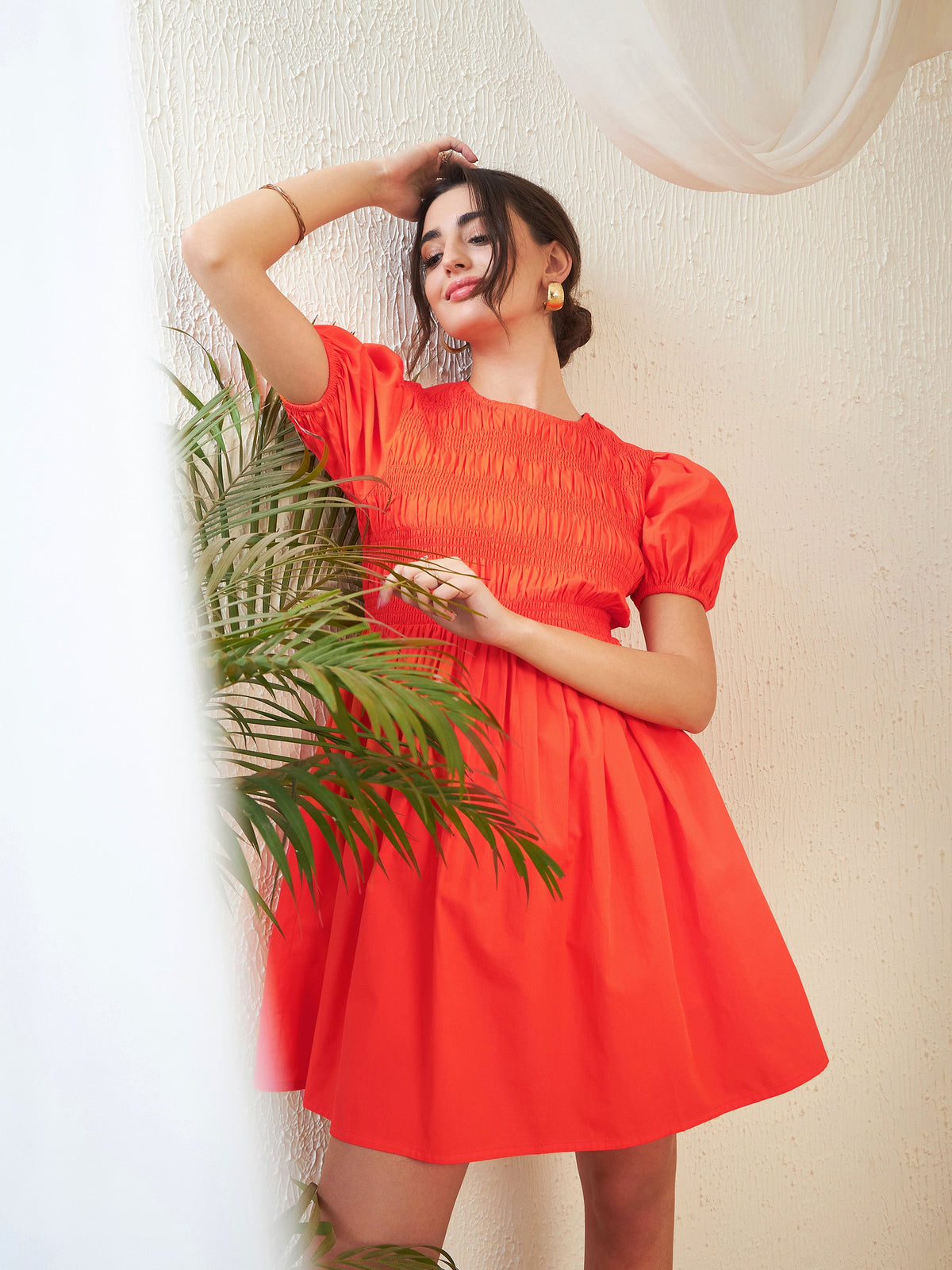 Orange Poplin Smocked Gathered Dress-SASSAFRAS