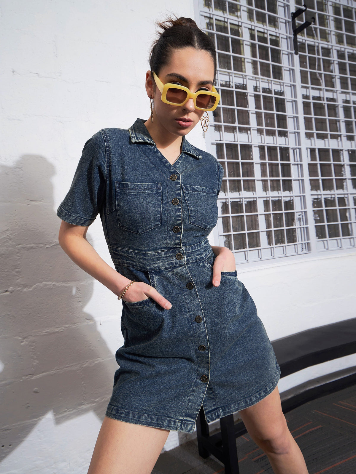 Blue Blast Denim Front Button Mini Dress-SASSAFRAS