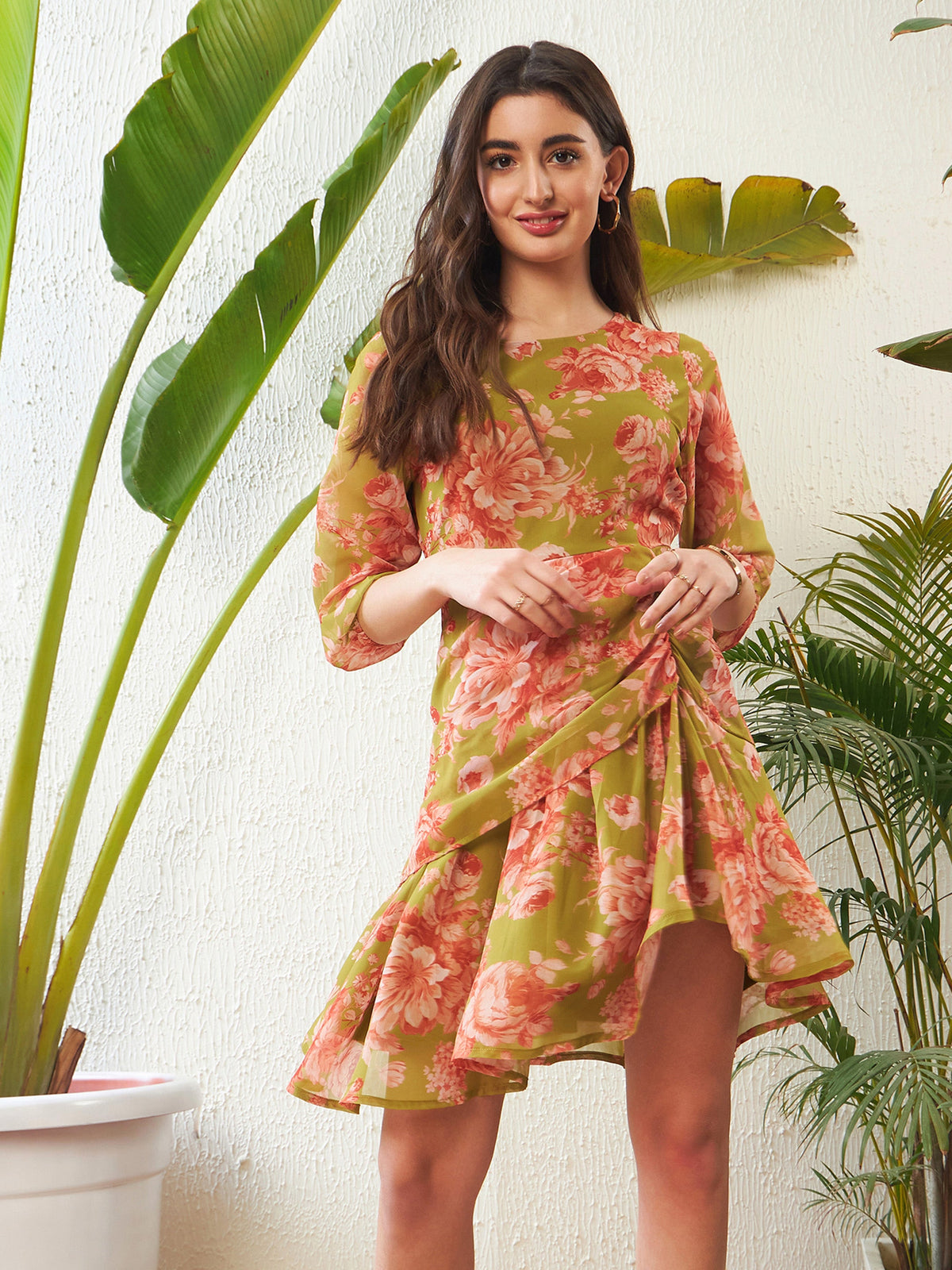 Green Floral Back Key Hole Ruched Mini Dress -SASSAFRAS