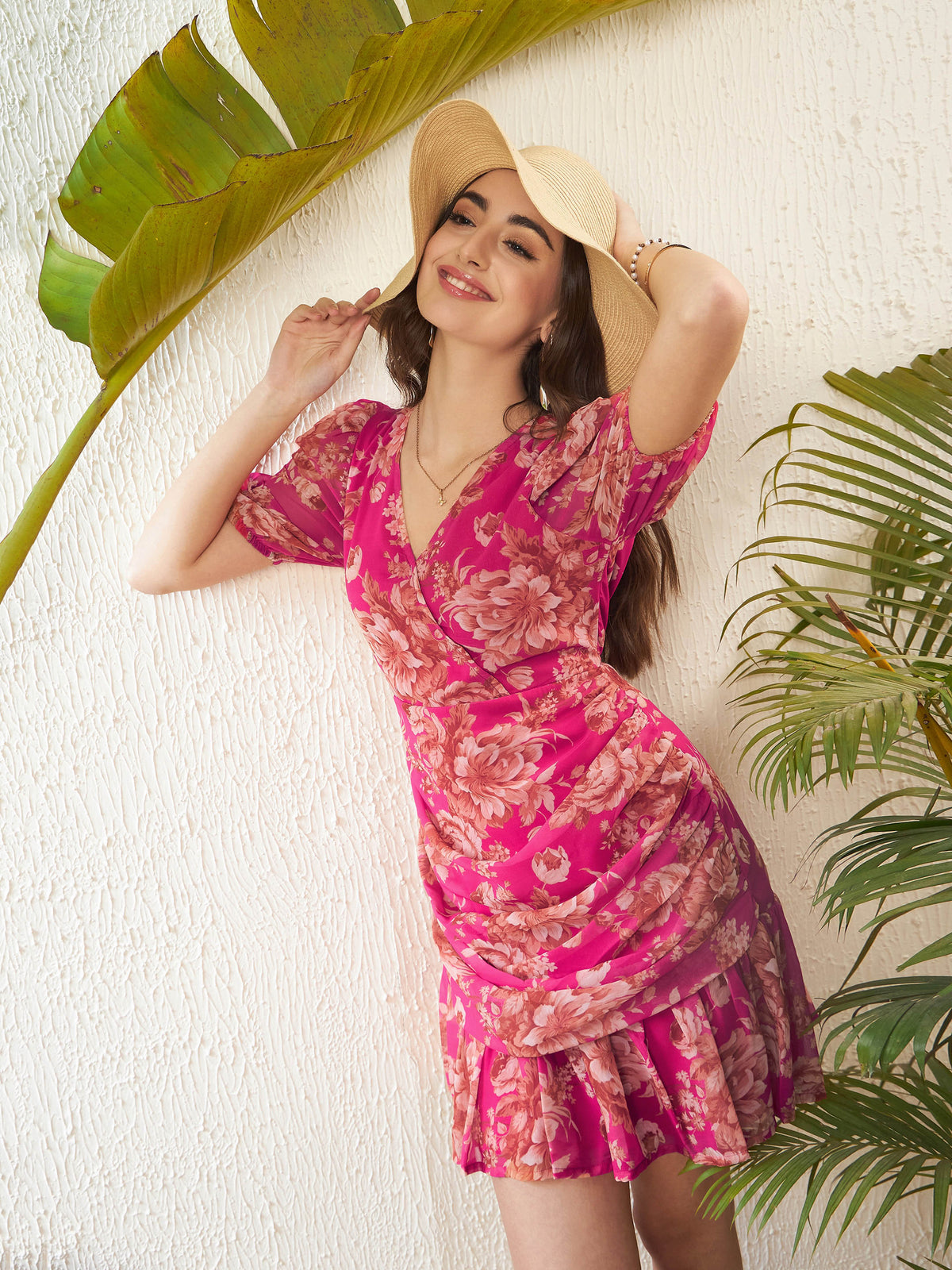 Pink Floral Frill Hem Ruched Mini Dress -SASSAFRAS