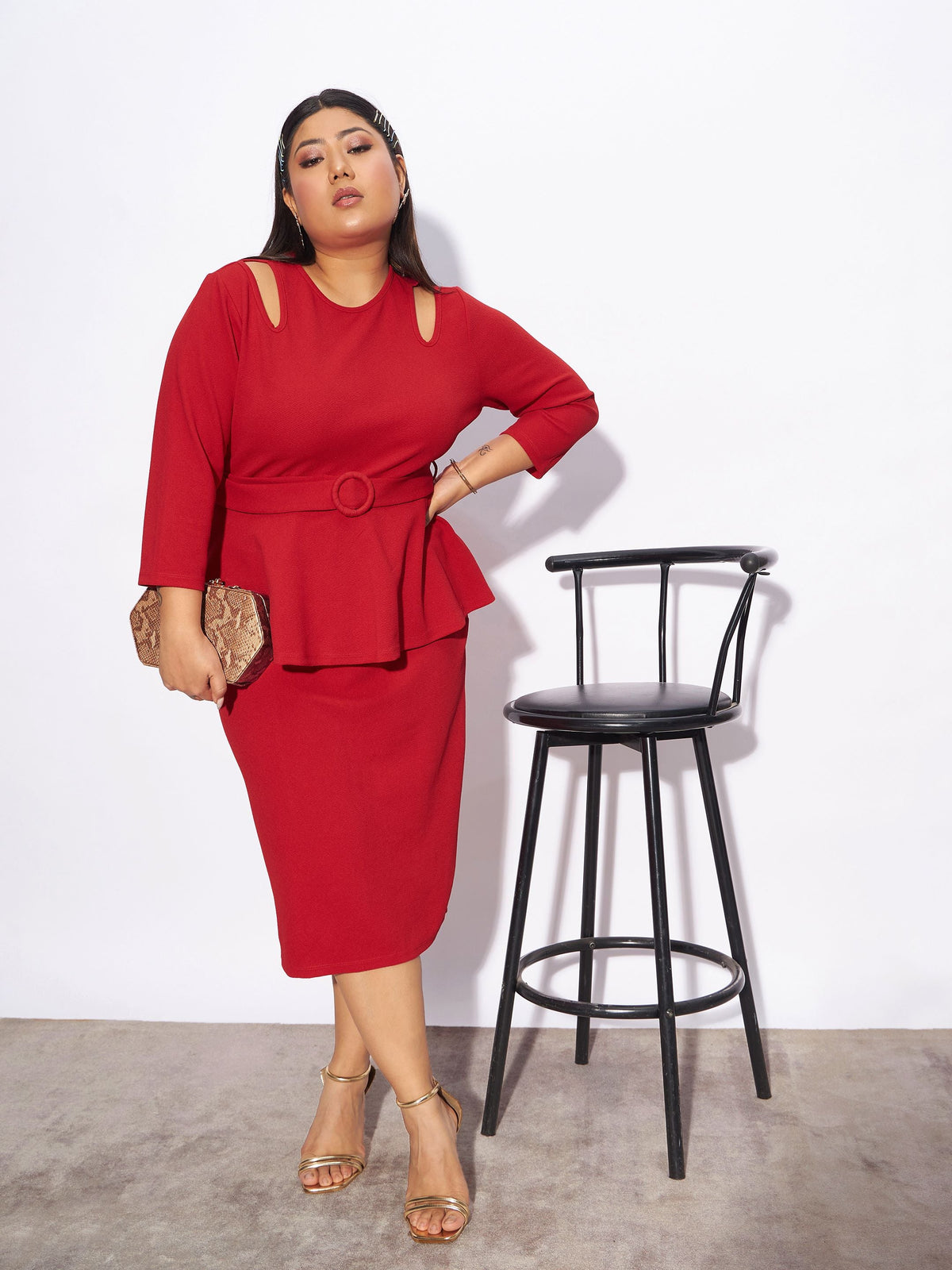 Red Front Peplum Bodycon Dress-SASSAFRAS Curve