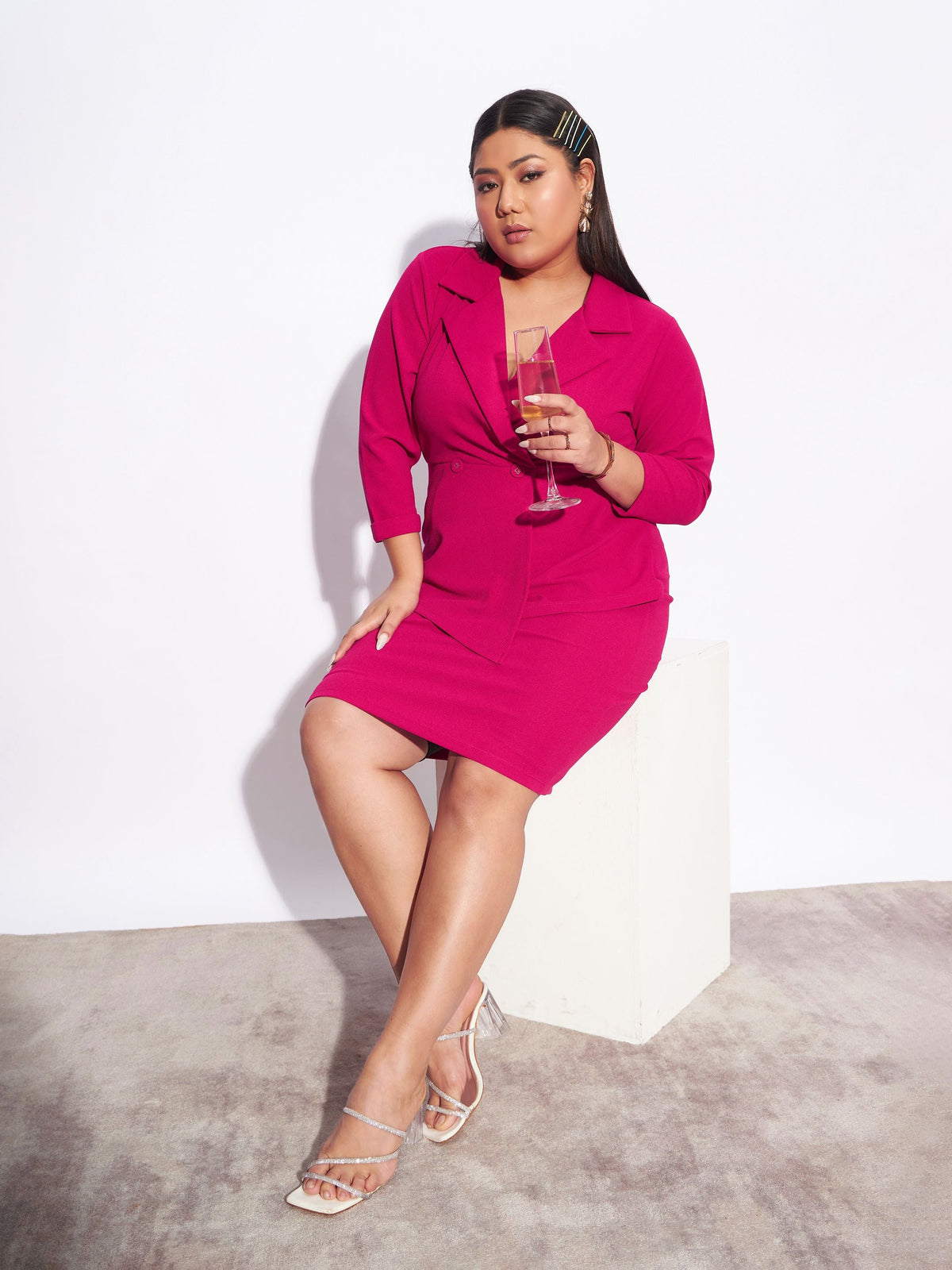 Fuchsia Blazer Detail Bodycon Dress-SASSAFRAS Curve