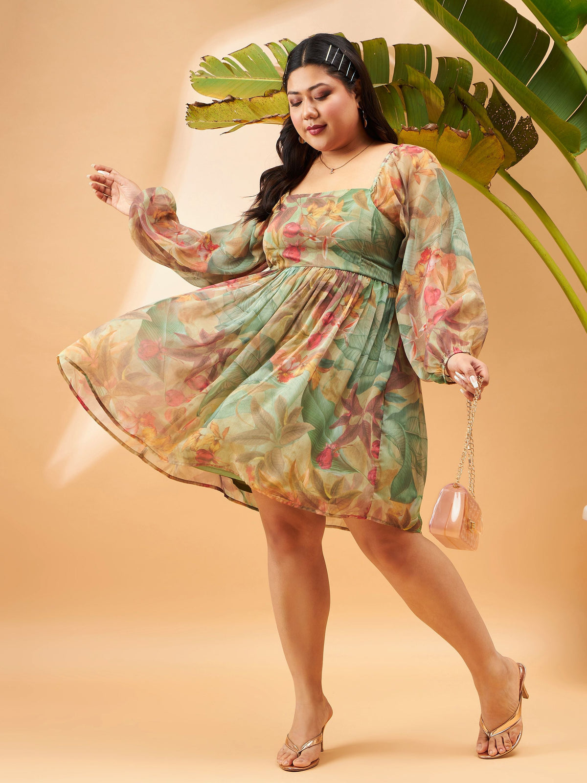 Green Chiffon Jungle Print Back Smocking Skater Dress-SASSAFRAS Curve