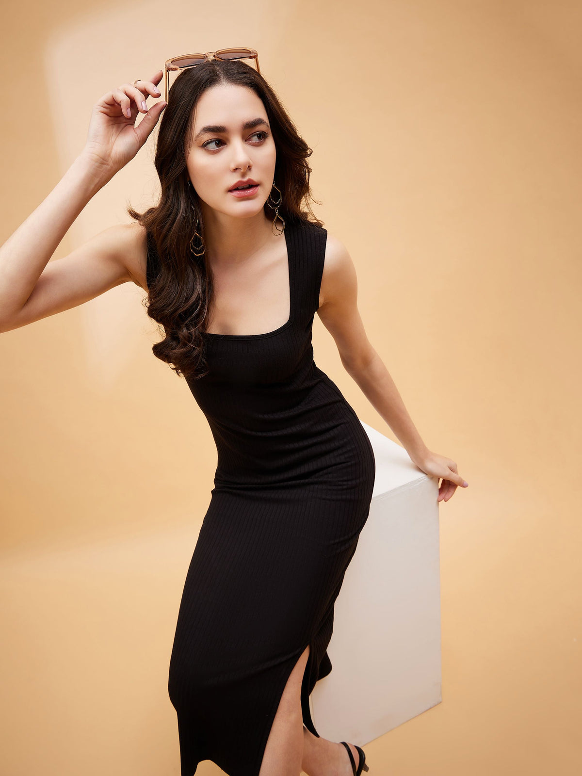 Black Rib Square Neck Midi Slit Dress-SASSAFRAS BASICS