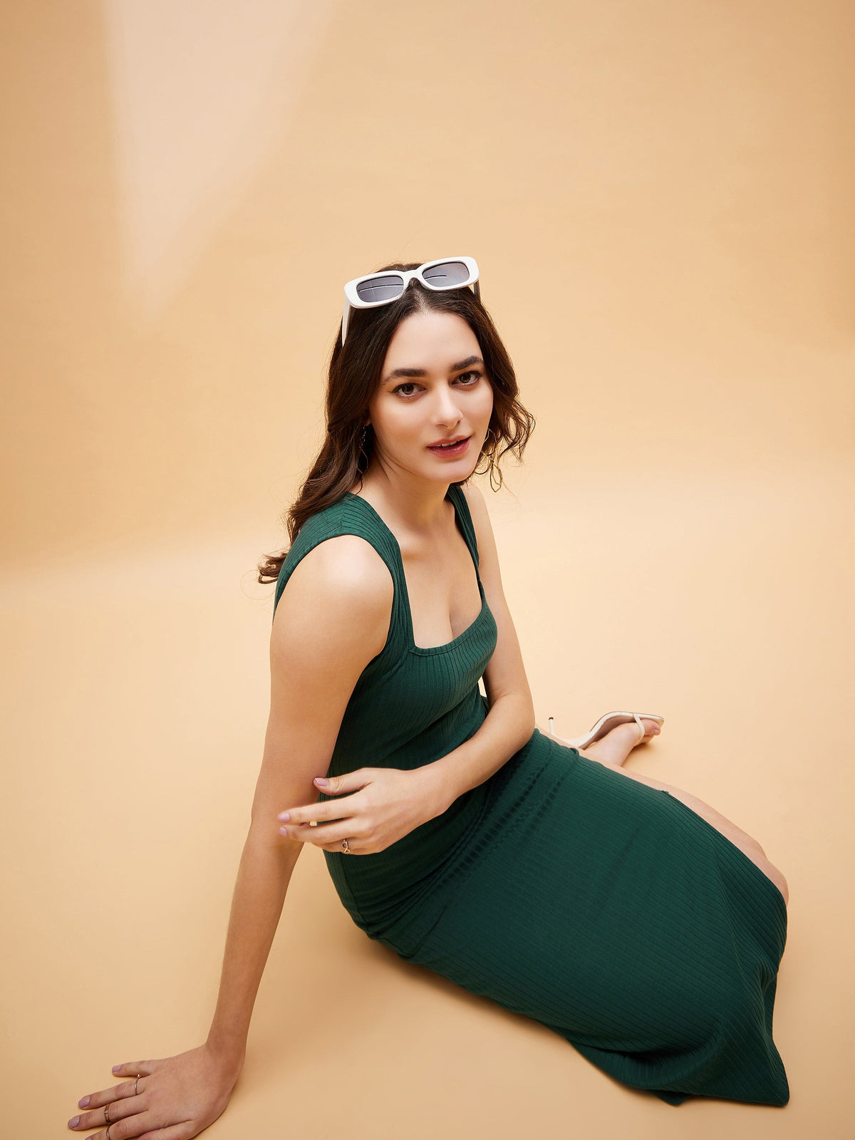 Emerald Green Square Neck Midi Slit Dress-SASSAFRAS BASICS