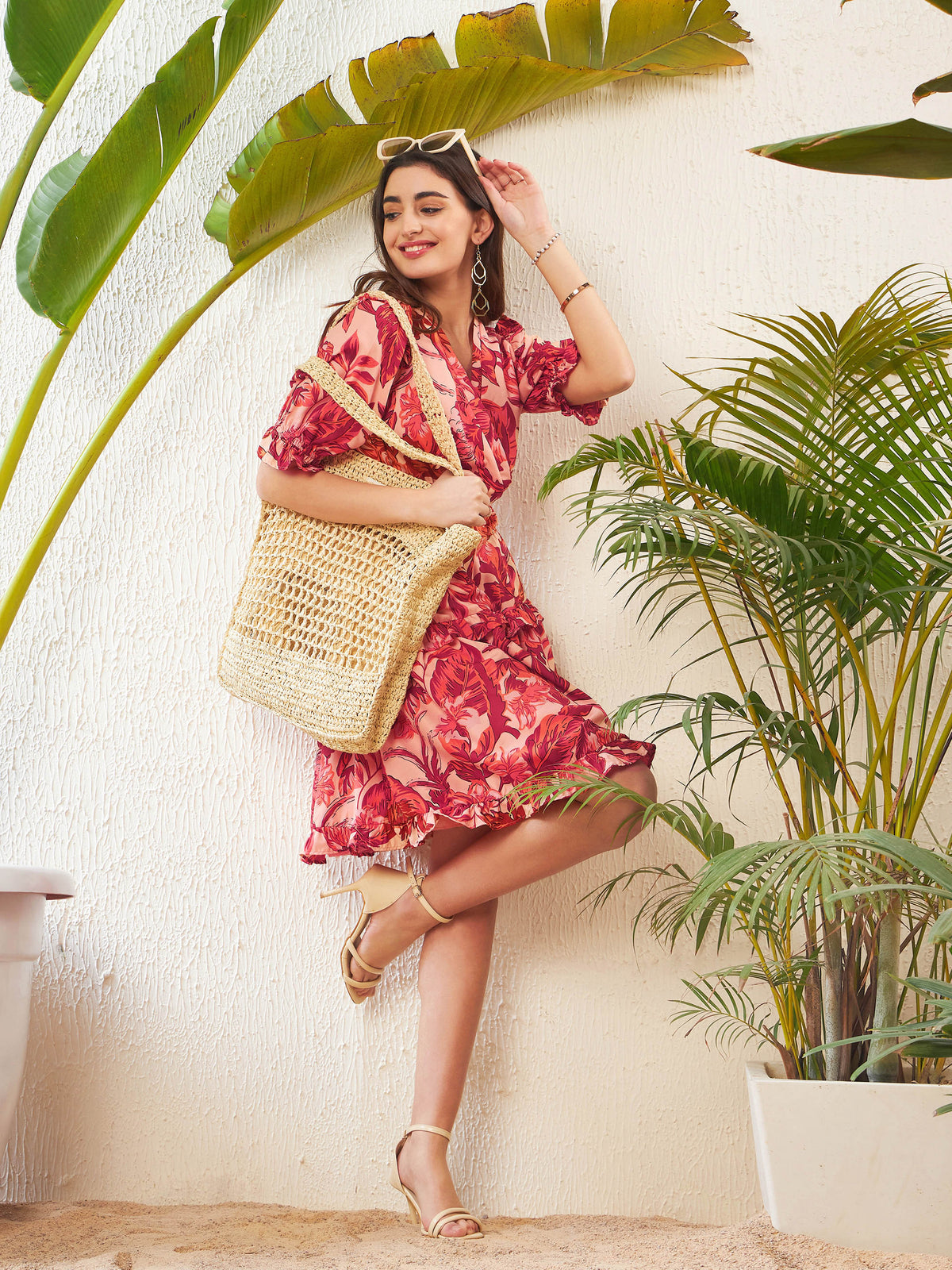 Rust Floral Printed Waist Cut Out Tiered Dress-SASSAFRAS