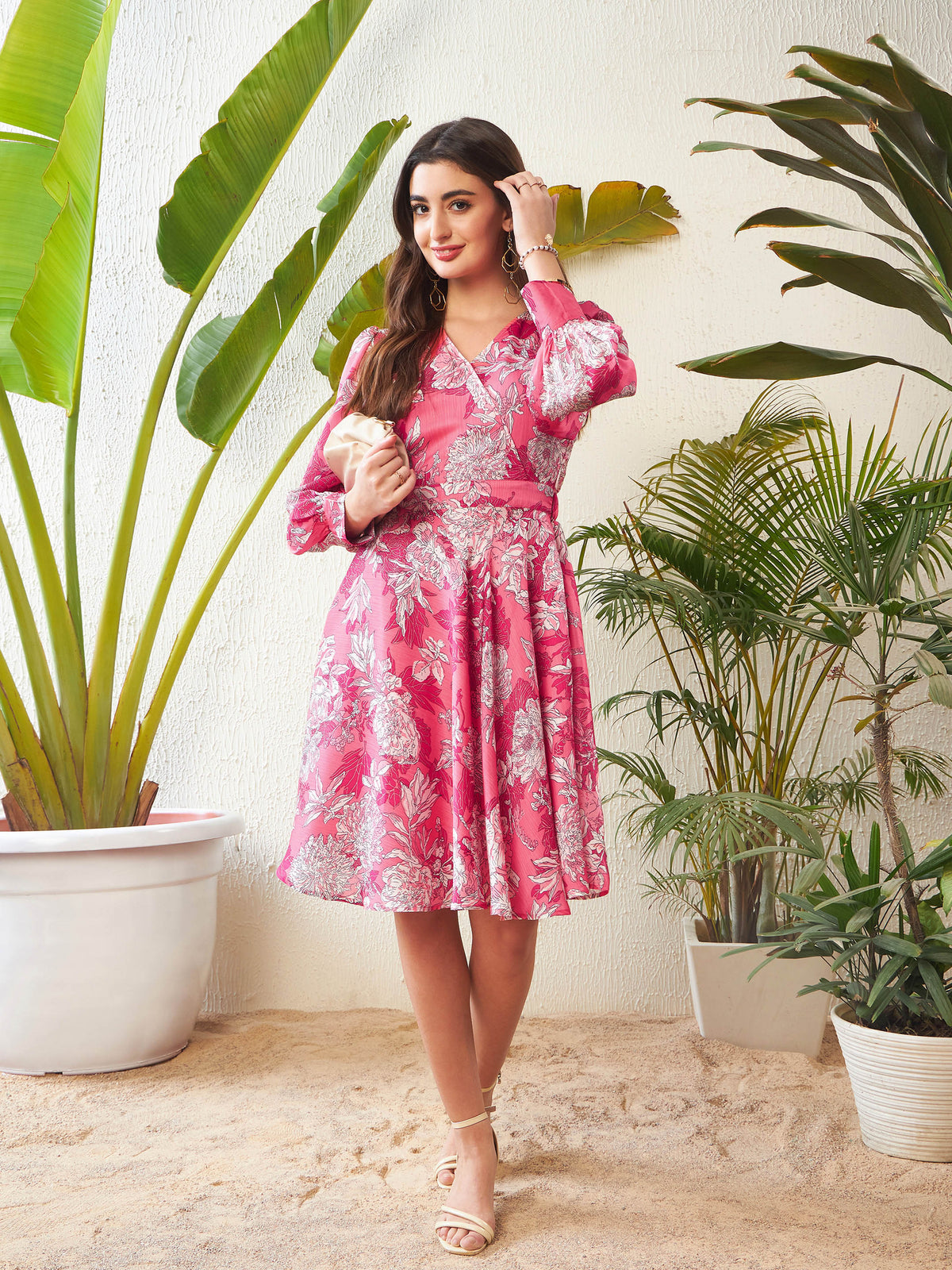 Pink Floral Wrap Neck Dress-SASSAFRAS