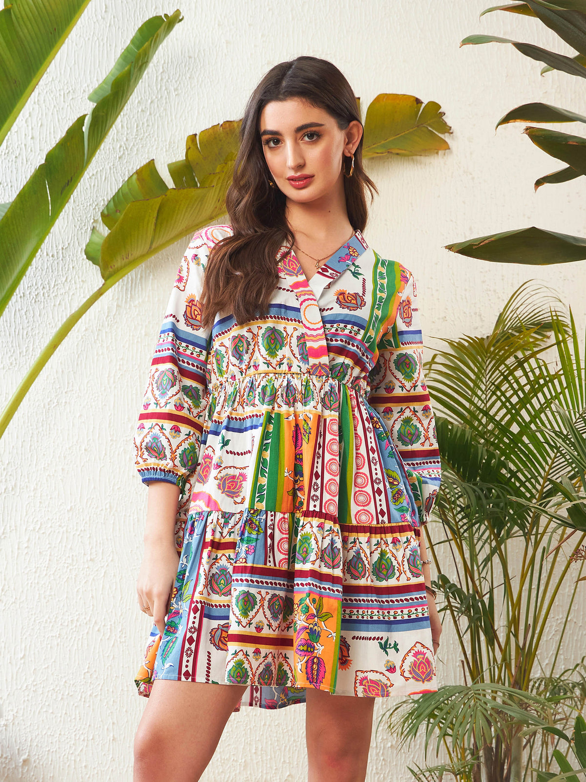 Multi Patch Printed Shawl Collar Tiered Dress-SASSAFRAS