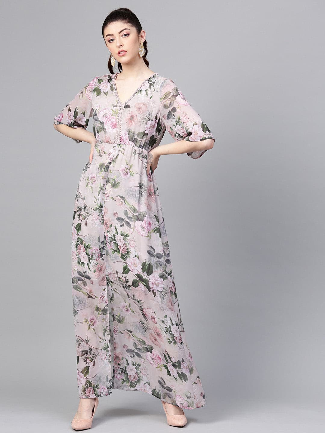 Pista Green Floral V-Neck Maxi-Dress-SASSAFRAS
