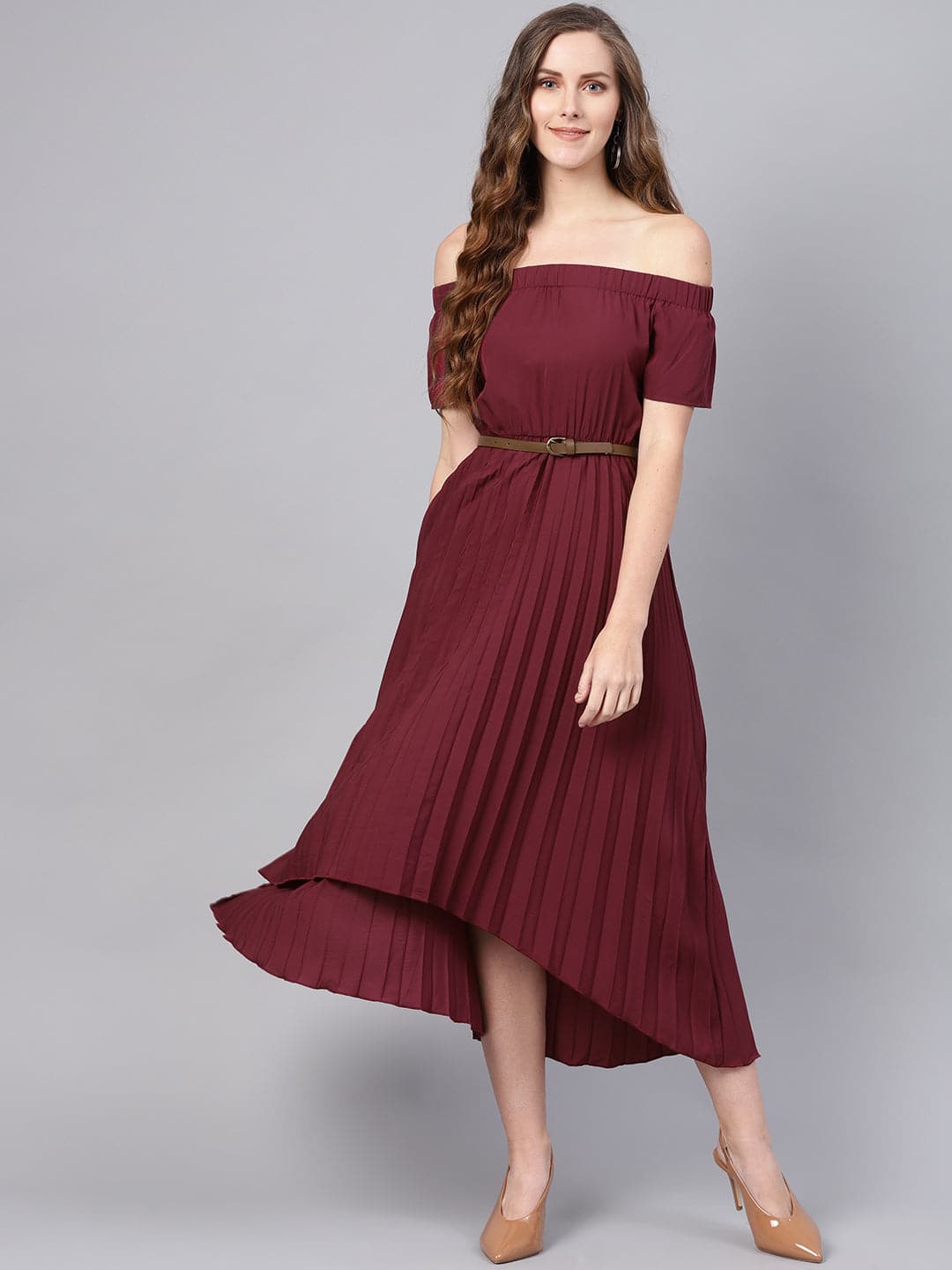 Buy Burgundy Off Shoulder High Low Belted Pleated Dress Online at Best Price - Sassafras Buy Burgundy Off Shoulder High Low Belted Pleated Dress Online at Best Price - Sassafras