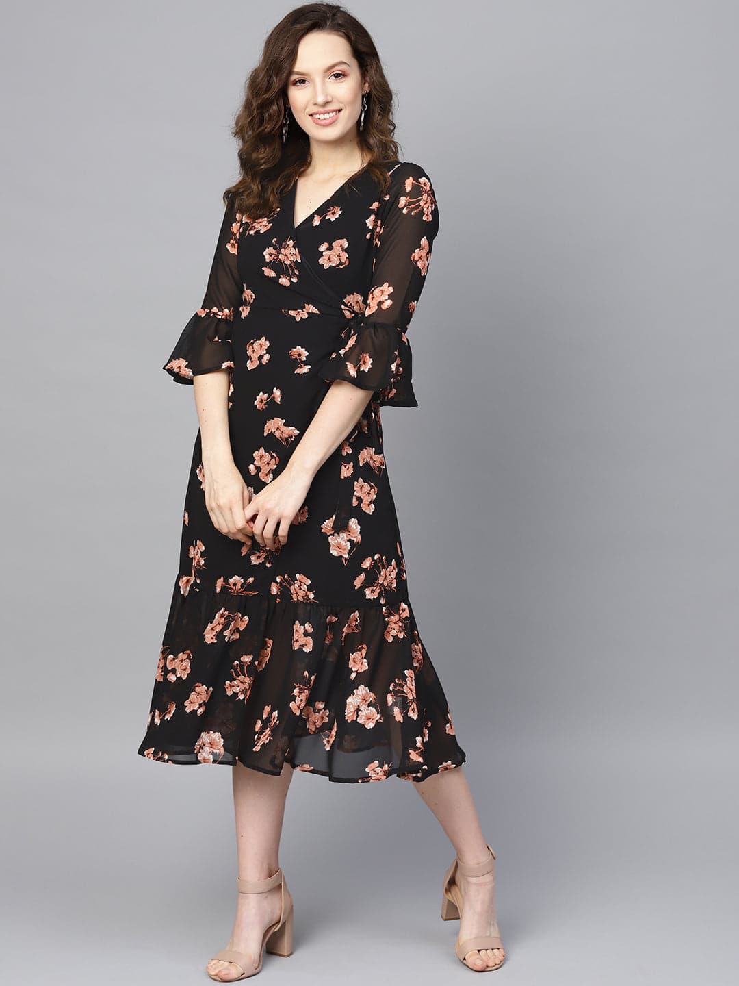 Black Floral Wrap Tie Dress-Dress-SASSAFRAS