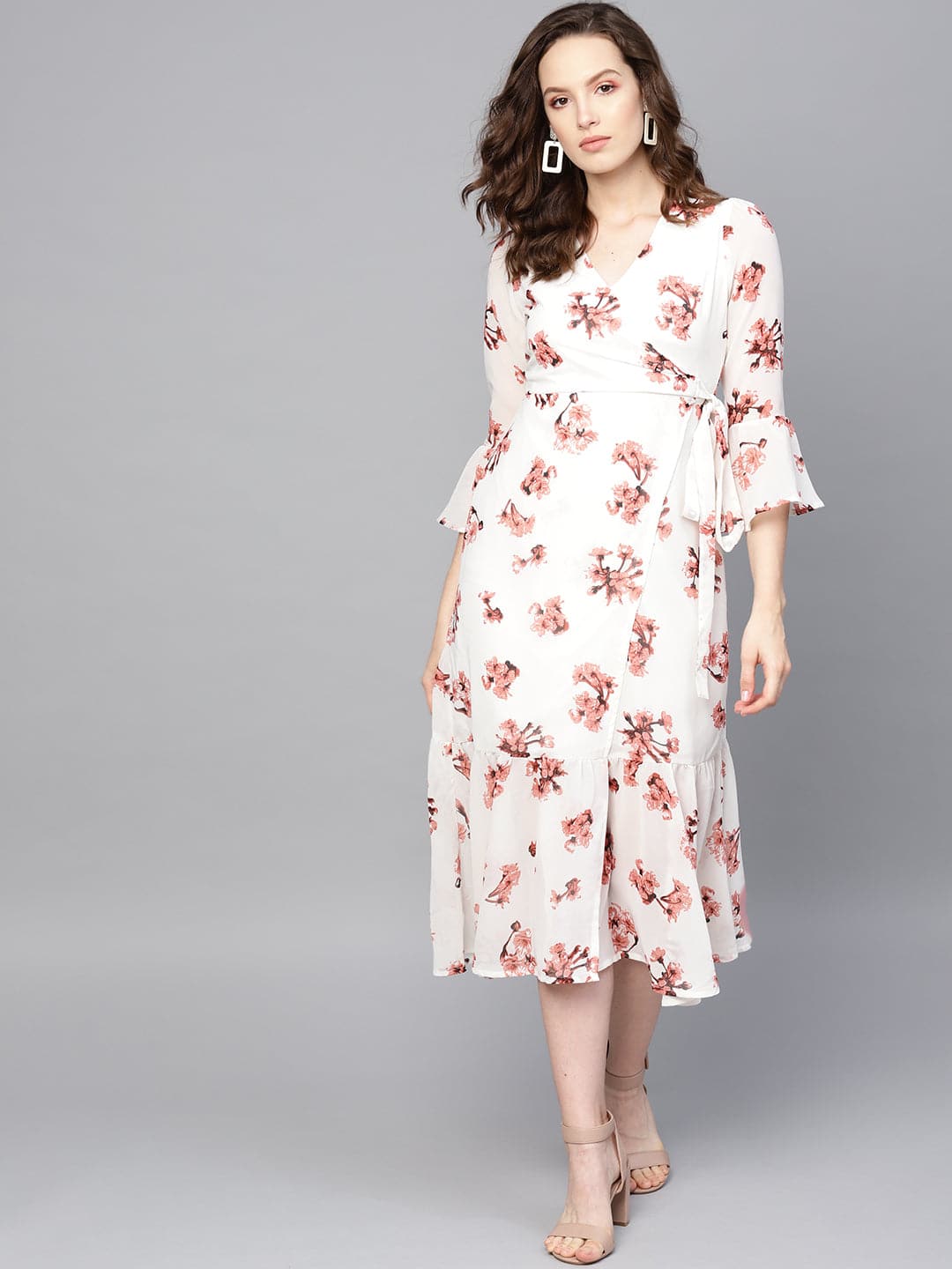 White Floral Wrap Tie Dress-Dress-SASSAFRAS