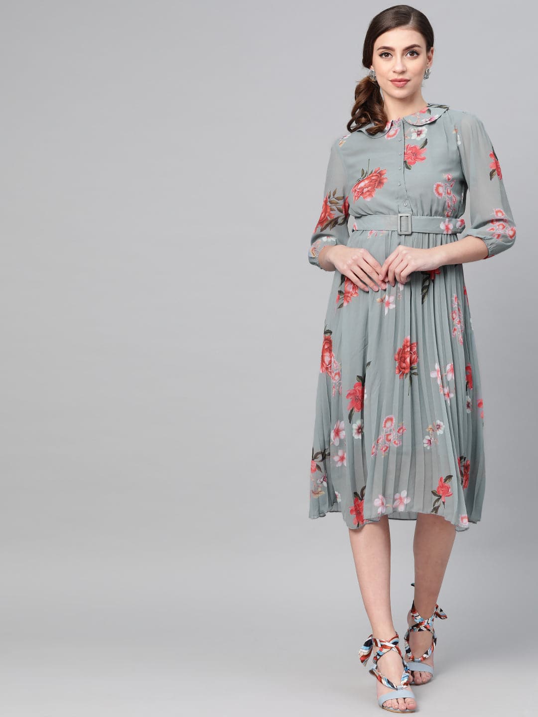 Steel Blue Floral Peterpan Collar Pleated Dress-Dress-SASSAFRAS
