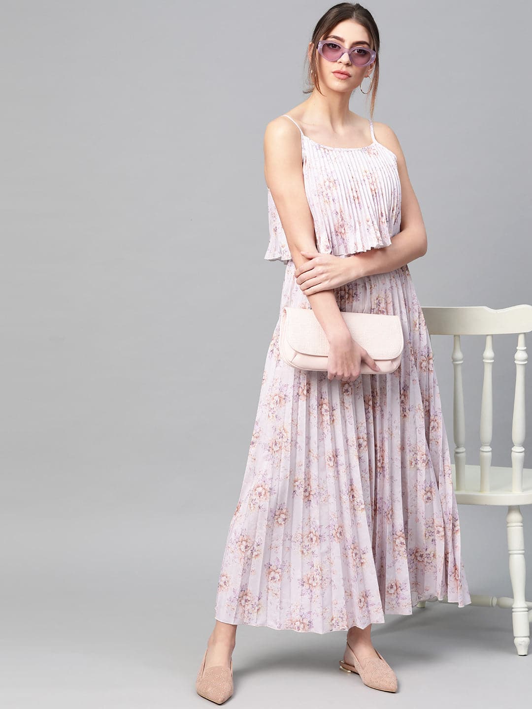 Lavender Floral Strappy Pleated Maxi Dress-Dress-SASSAFRAS