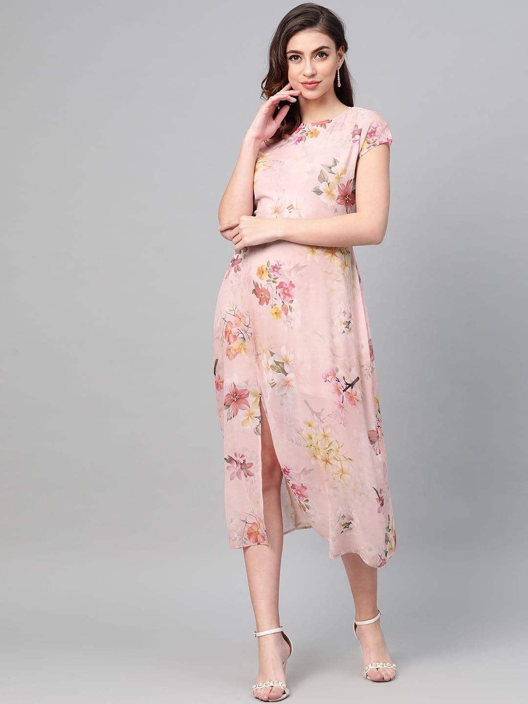 Peach Floral Back Cut Out Dress-Dress-SASSAFRAS