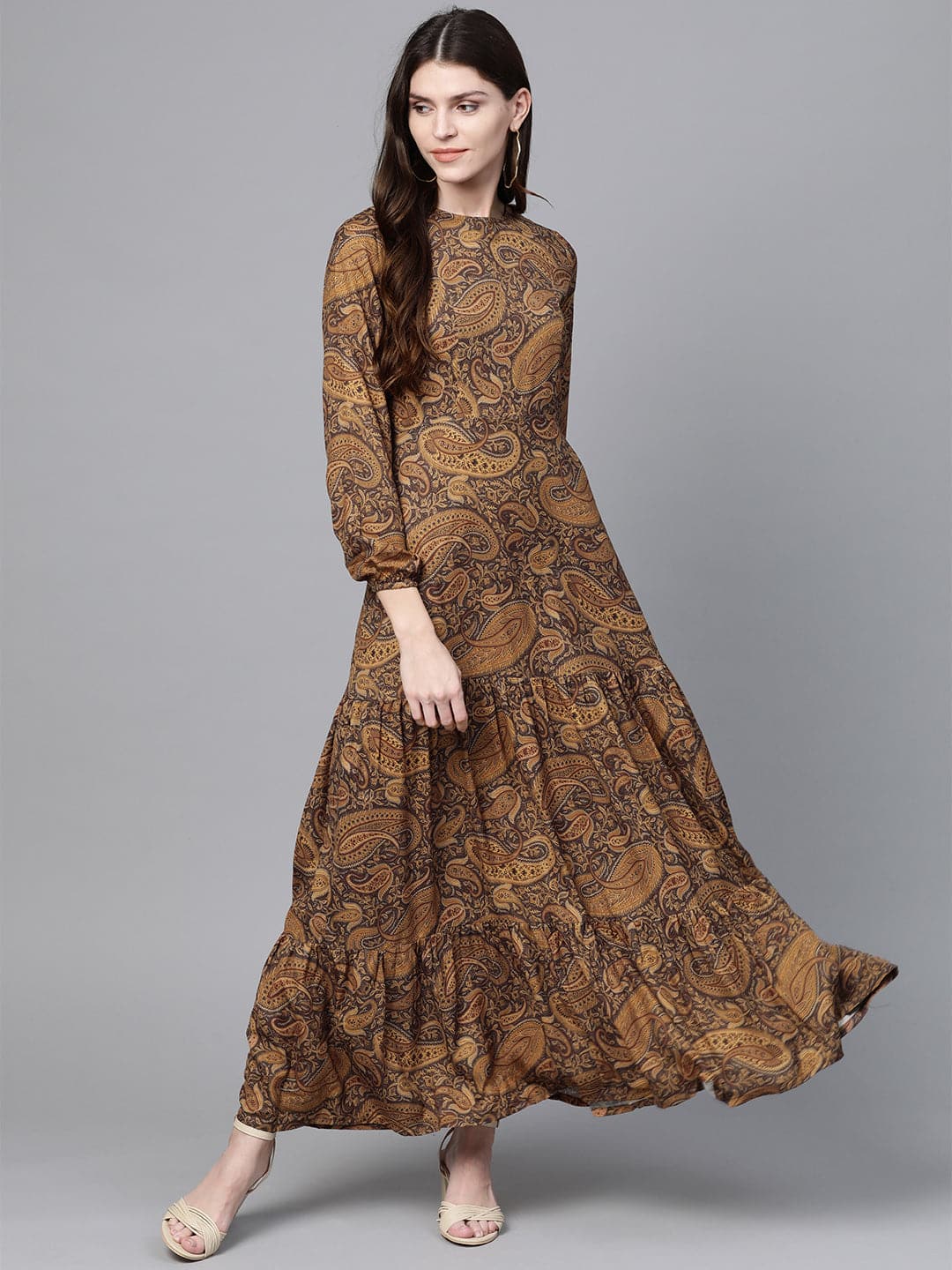Brown Paisley Tiered Maxi-Dress-SASSAFRAS