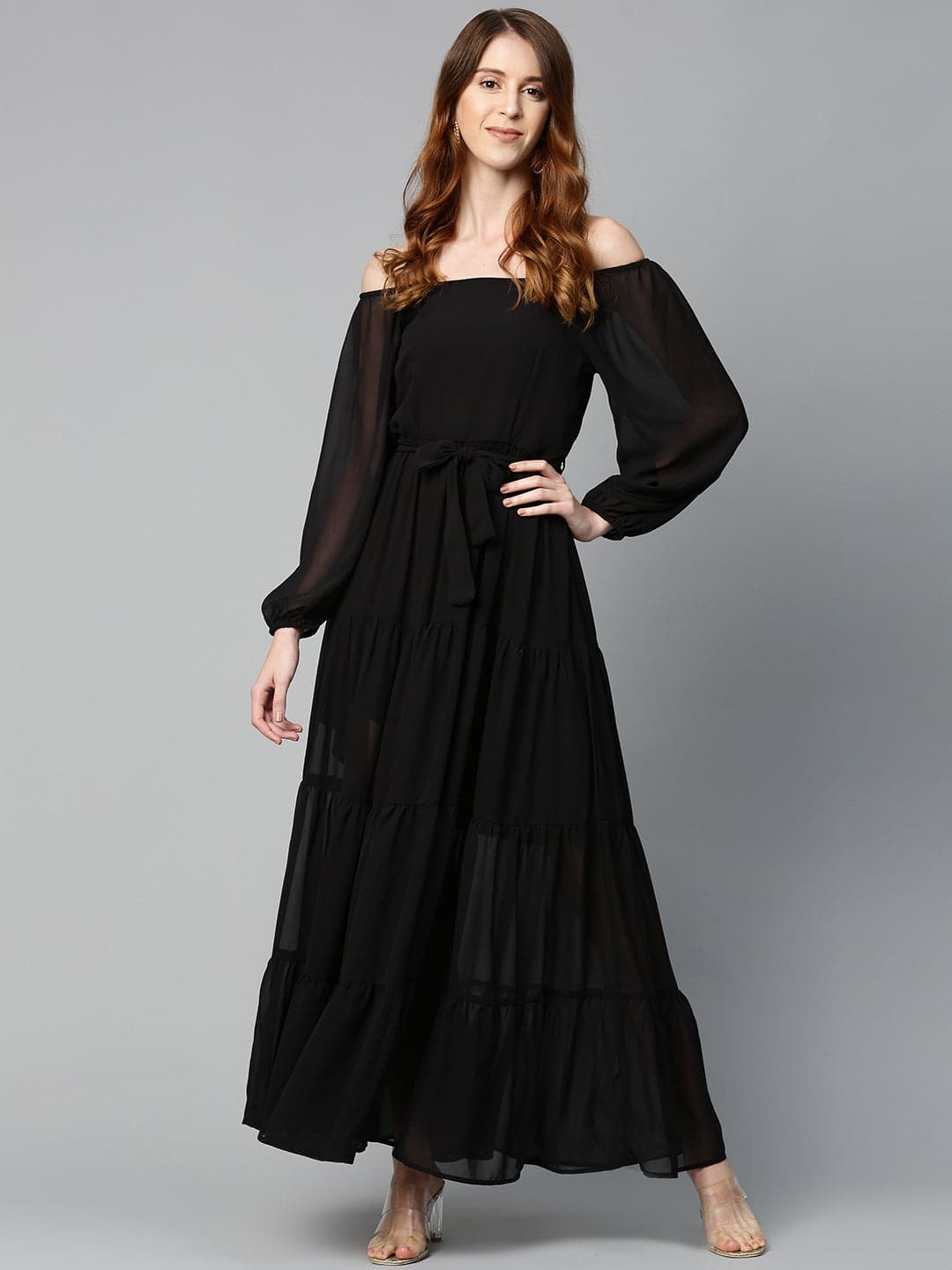 Black Square Neck Tiered Maxi Dress-Dress-SASSAFRAS