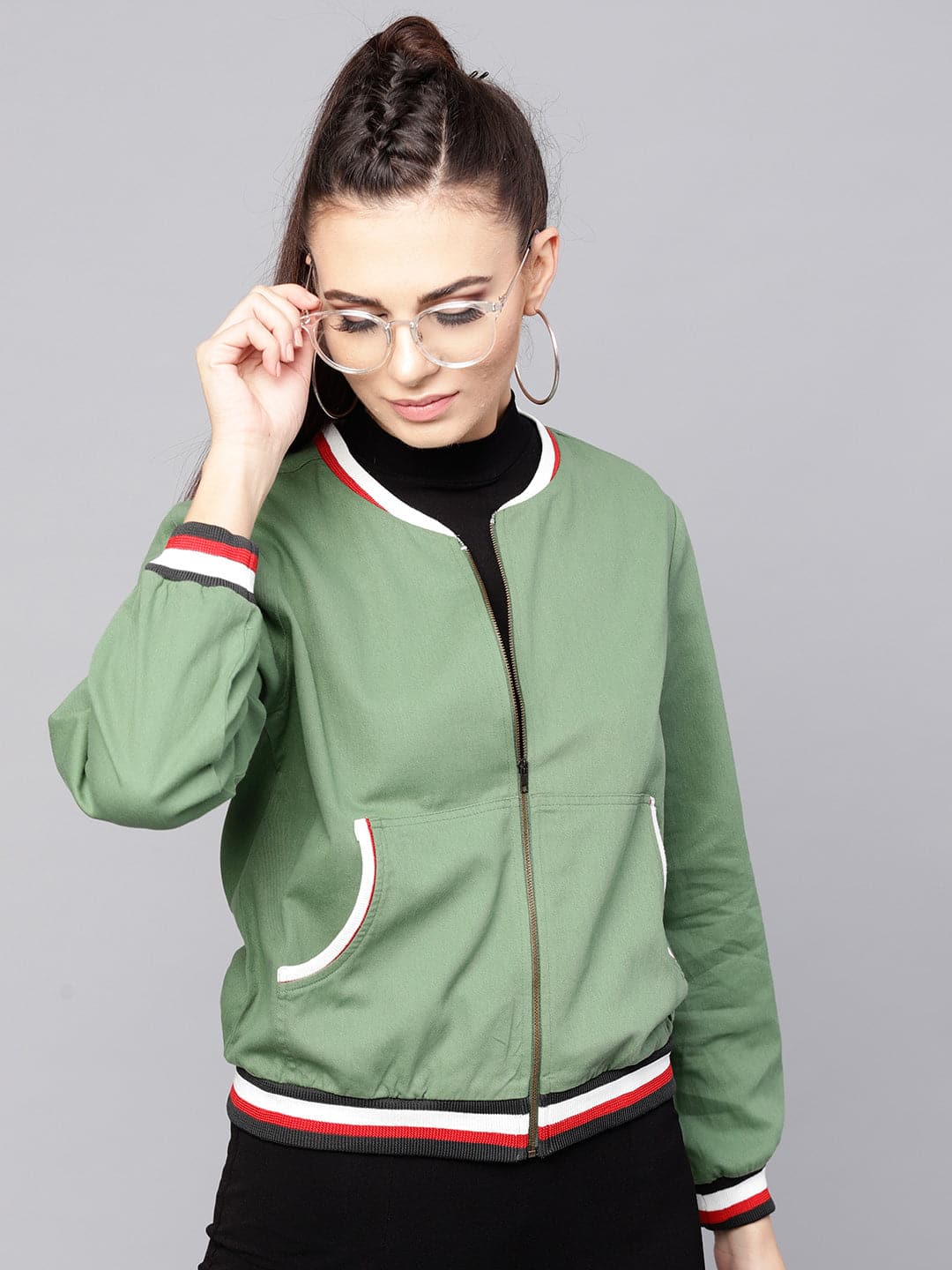 Shop Long Sleeves Bomber Jacket with Zip Closure Online
