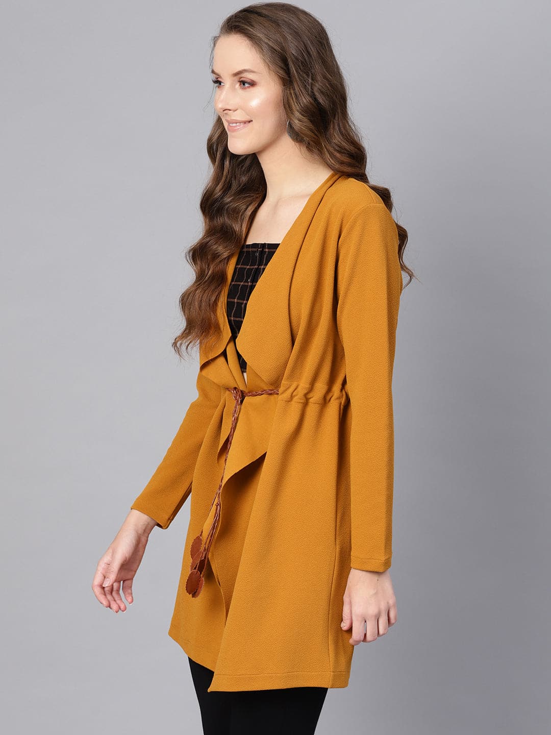 Mustard Waterfall Shrug With PU Tie Belt-Shrugs-SASSAFRAS