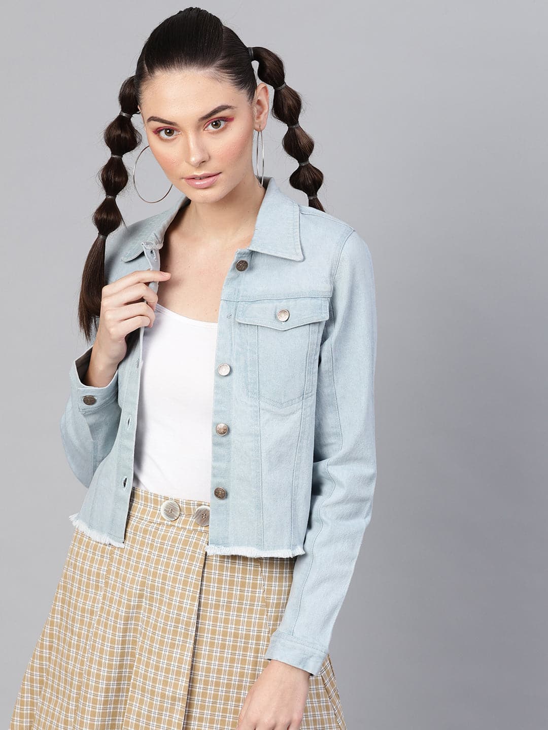 Light Blue Denim Raw Edge Crop Jacket-Jackets-SASSAFRAS