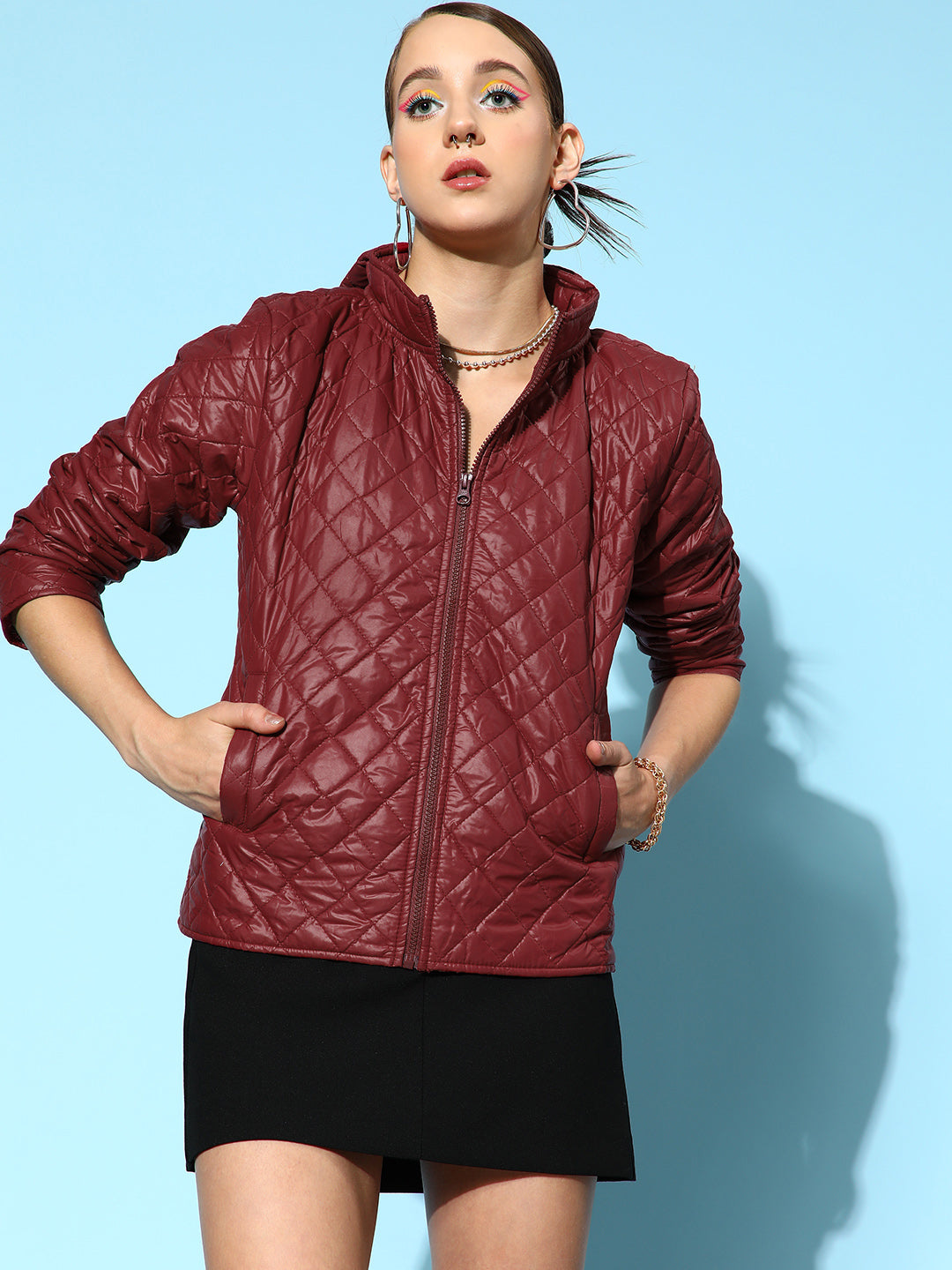 Women Burgundy Quilted Hooded Puffer Jacket