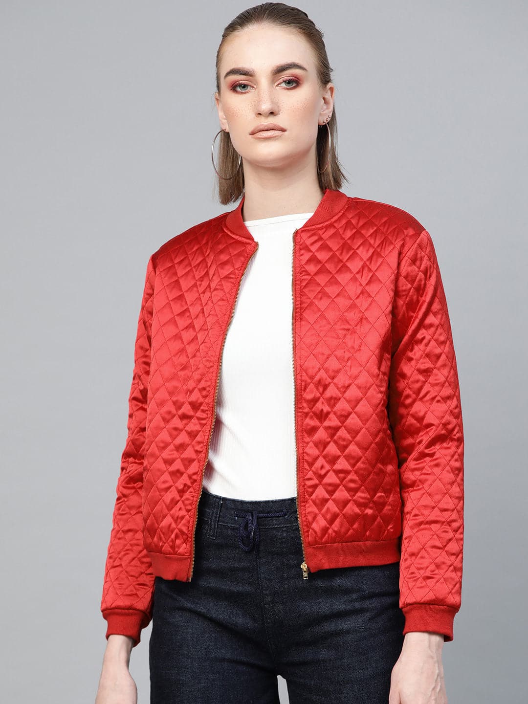 Red Quilting Bomber Jacket-Jackets-SASSAFRAS
