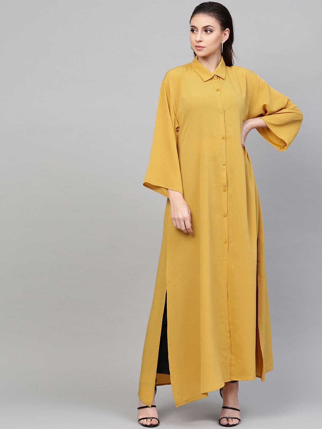 Mustard Button Placket Longline Shrug-Shrugs-SASSAFRAS