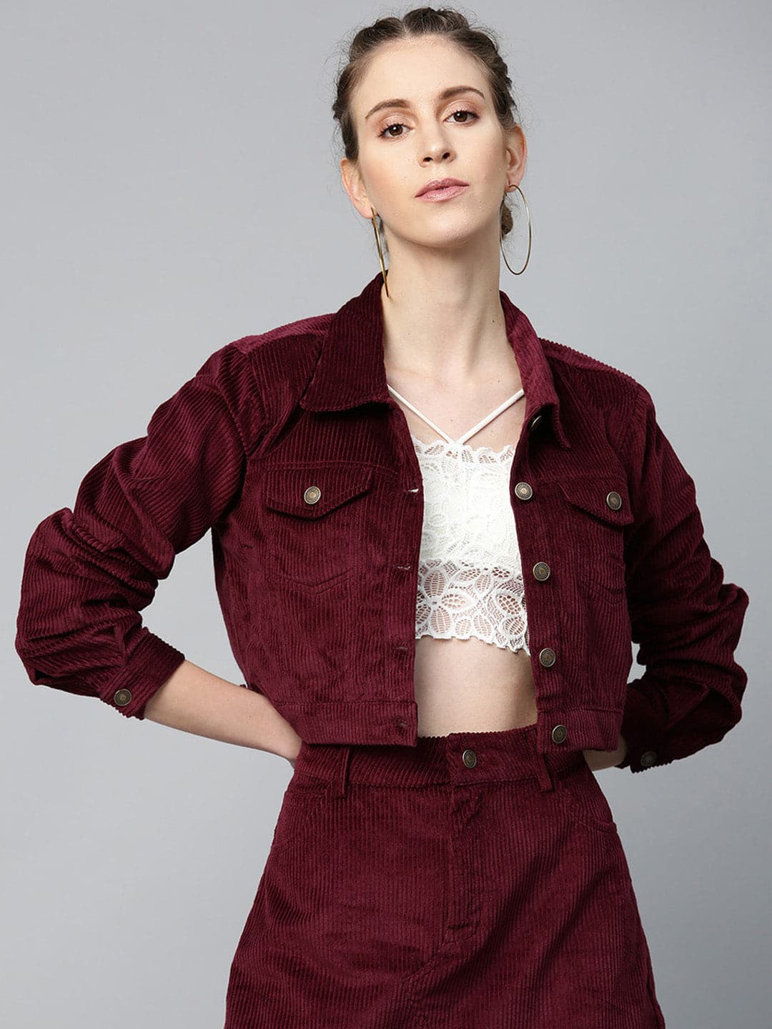 Burgundy Corduroy Boxy Jacket - Main Image