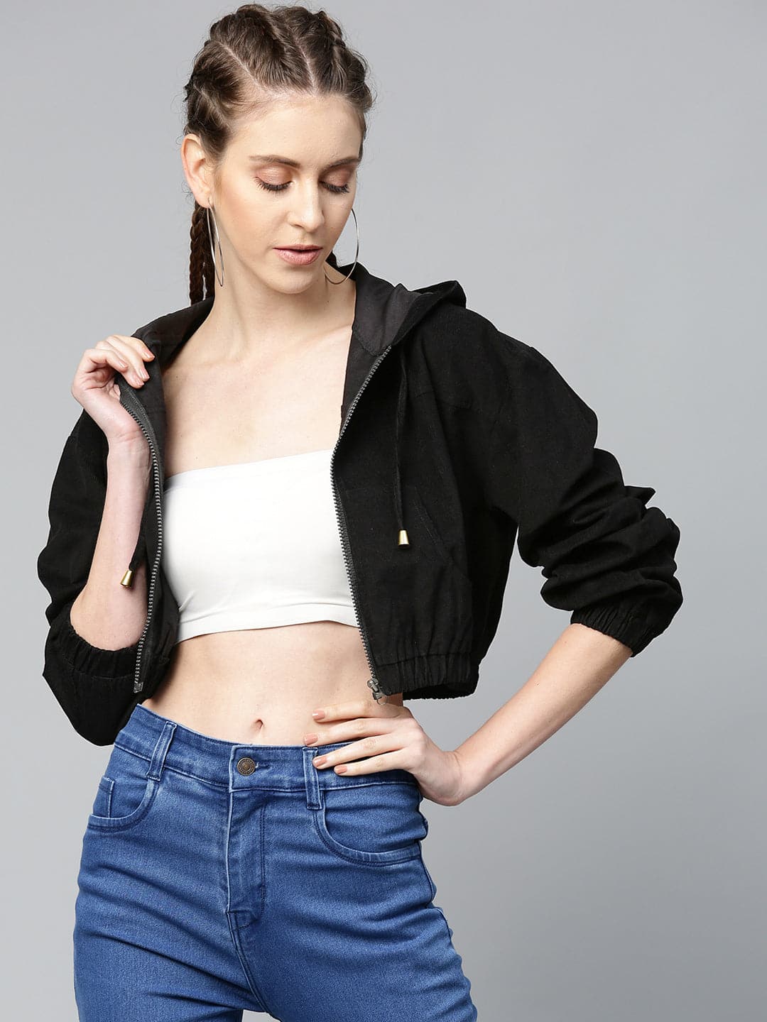 Embroidered Cropped Jacket - Black with Taupe