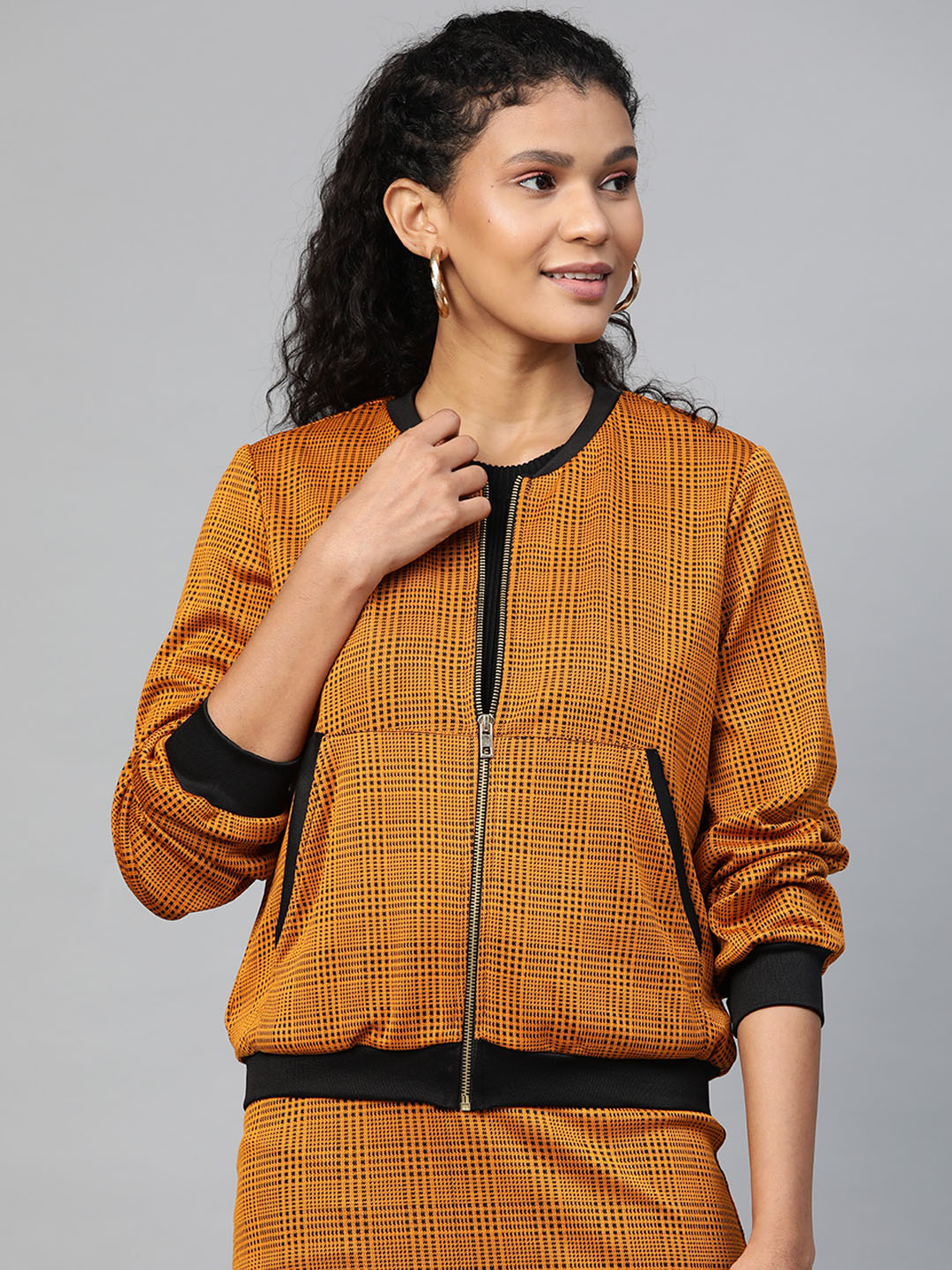 Buy Women Mustard Jacquard Check Bomber Jacket Online At Best