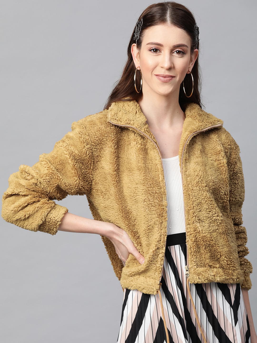 Mustard Drawstring Faux Fur Jacket-Jackets-SASSAFRAS