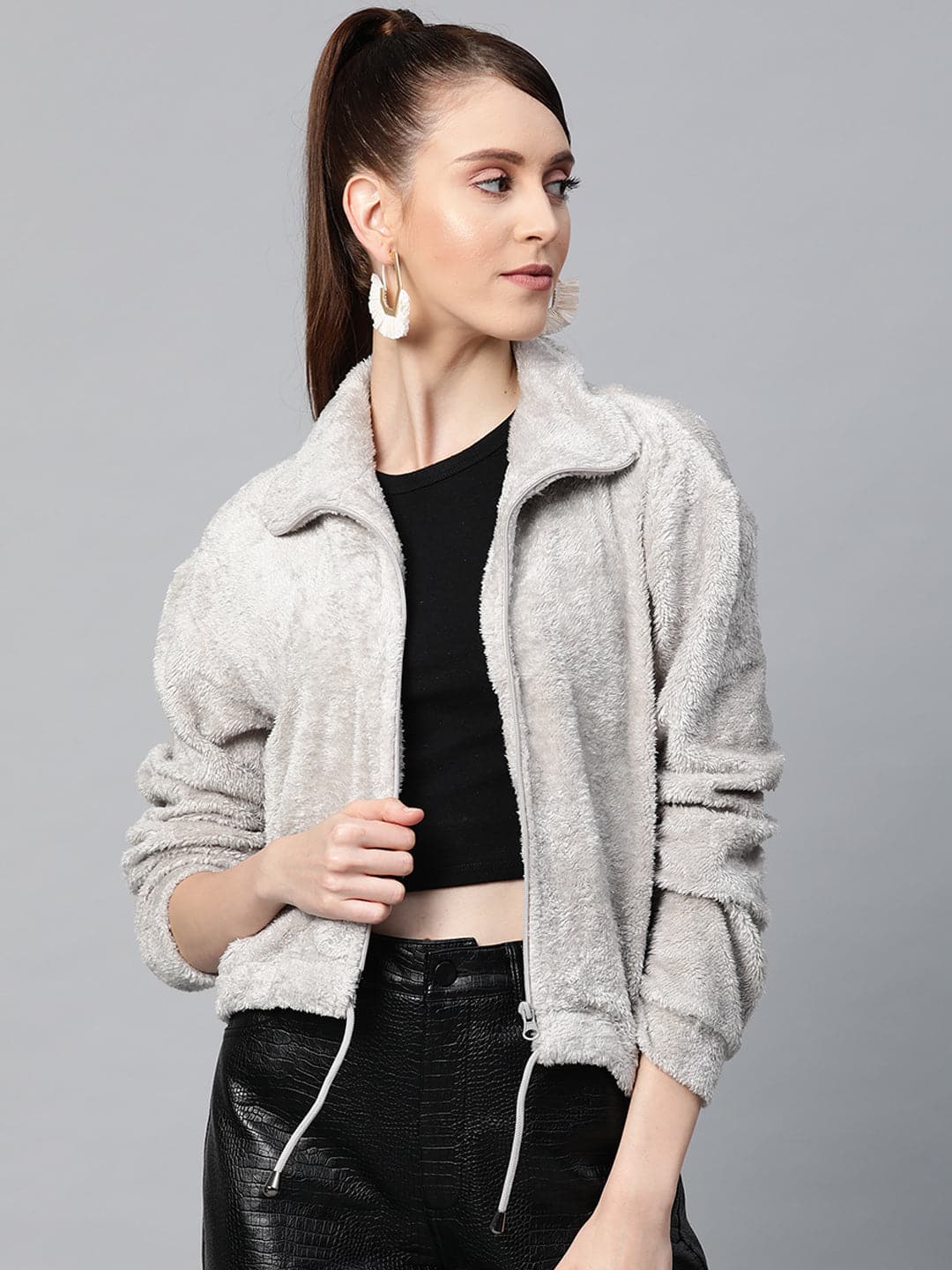 Grey Drawstring Faux Fur Jacket-Jackets-SASSAFRAS