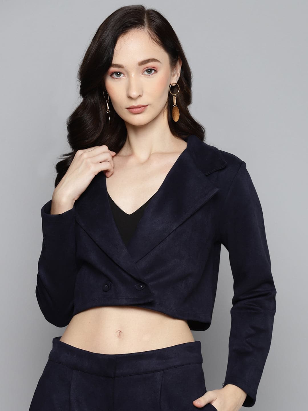 Navy Suede Crop Blazer-Blazers-SASSAFRAS