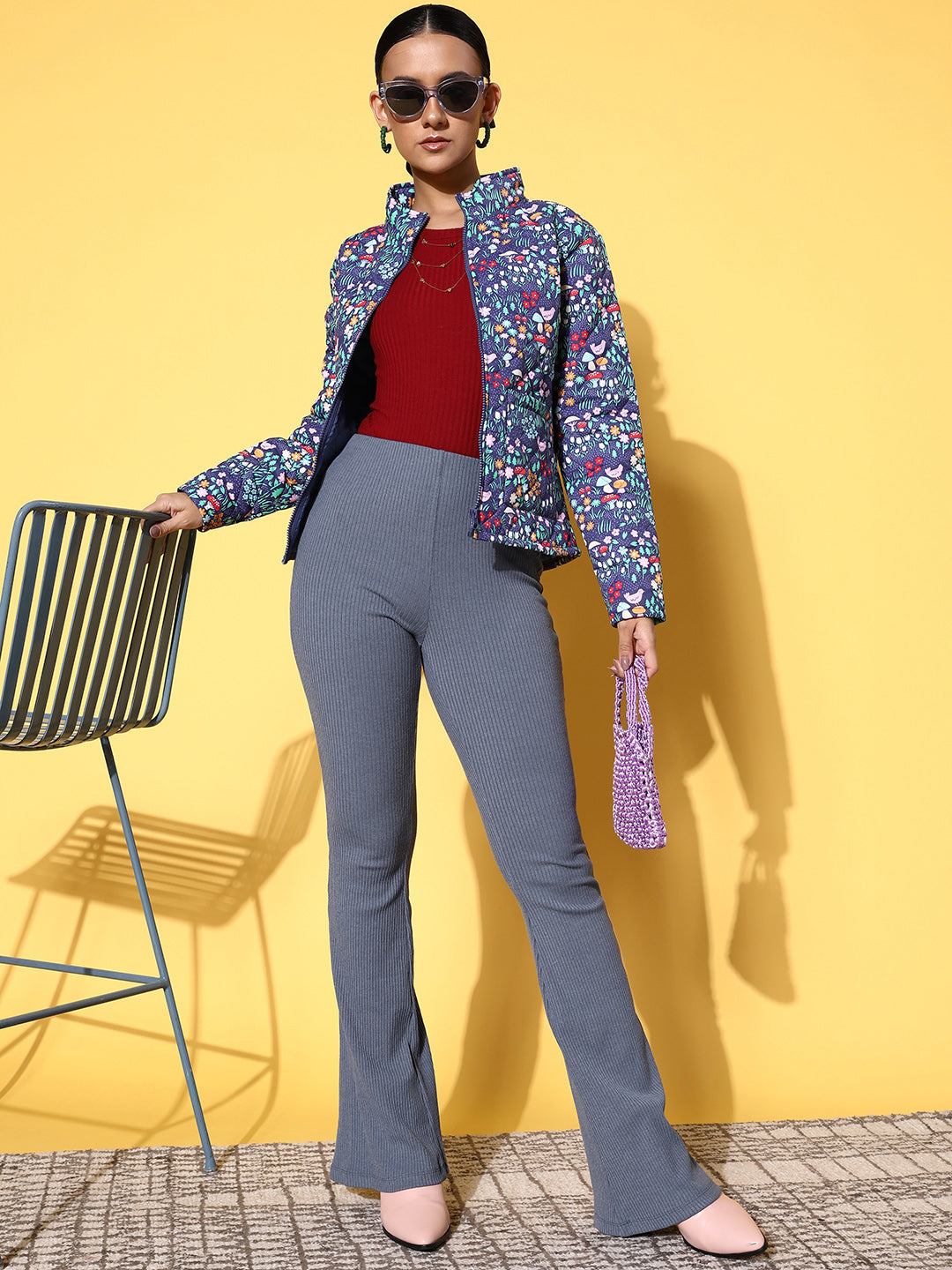 Purple Garden Floral Puffer Jacket-SASSAFRAS