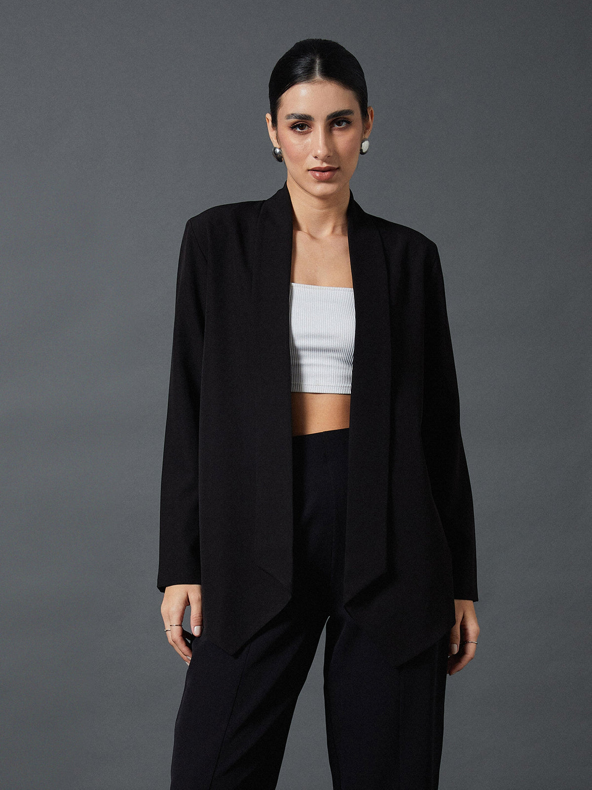 Black Shawl Collar Front Open Blazer-SASSAFRAS worklyf