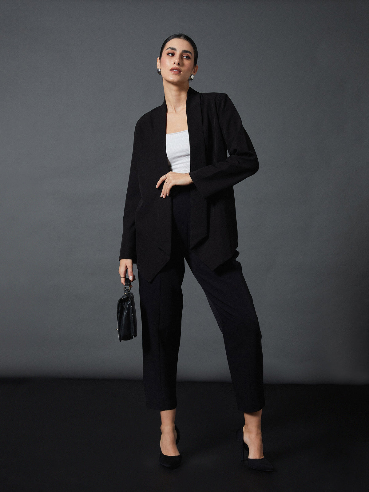 Black Shawl Collar Front Open Blazer-SASSAFRAS worklyf
