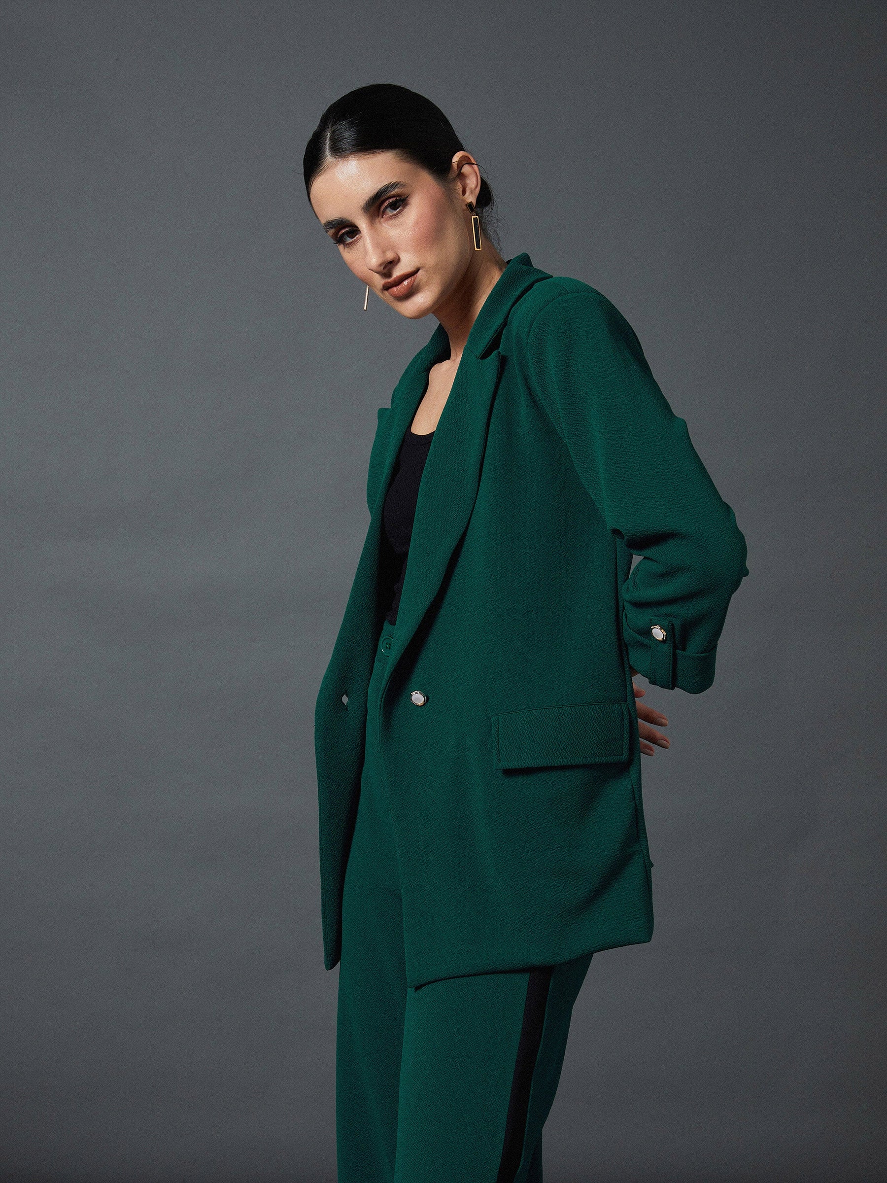 Emerald Green Front Button Blazer-SASSAFRAS worklyf