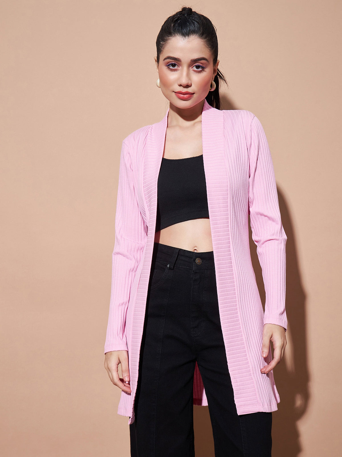 Pink Full Sleeves Rib Shrug-SASSAFRAS BASICS