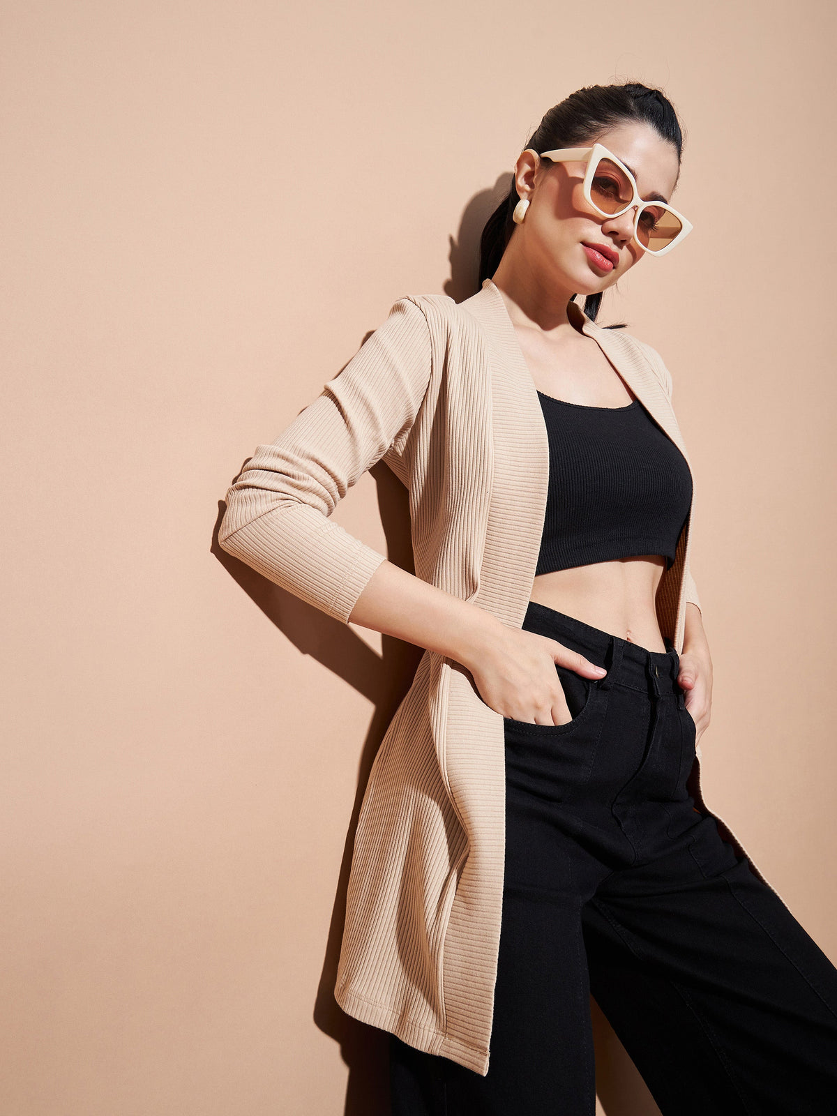 Beige Full Sleeves Rib Shrug-SASSAFRAS BASICS